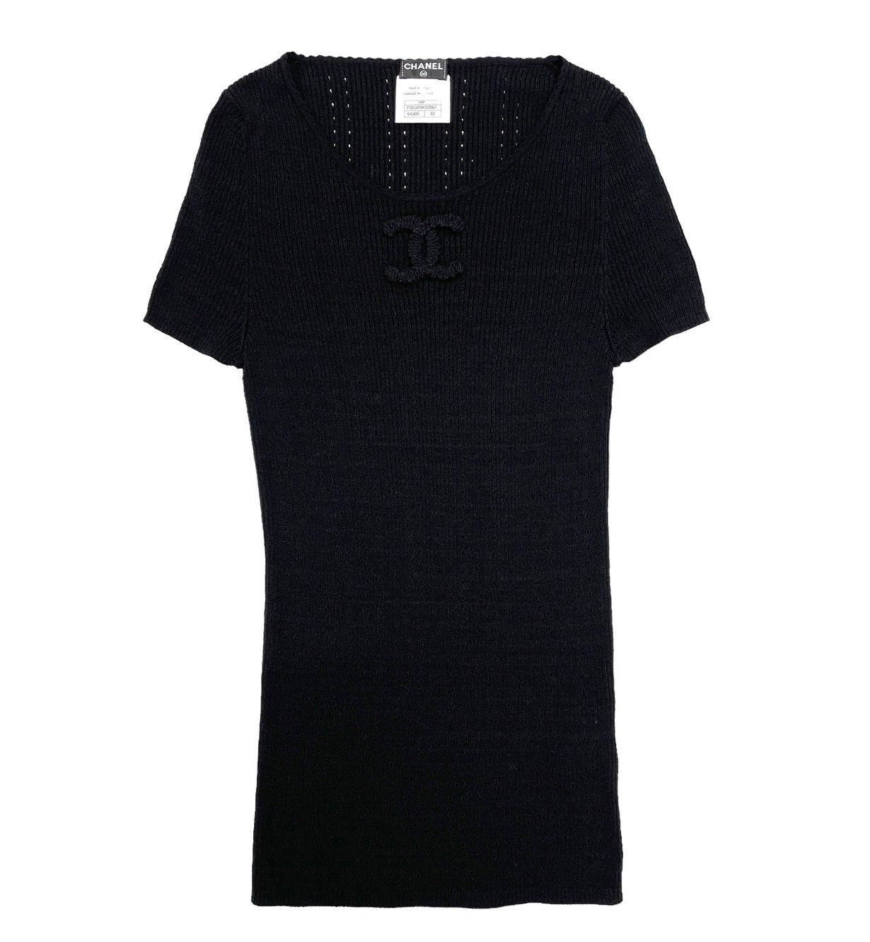 Chanel Black Ribbed Logo Short Sleeve Top