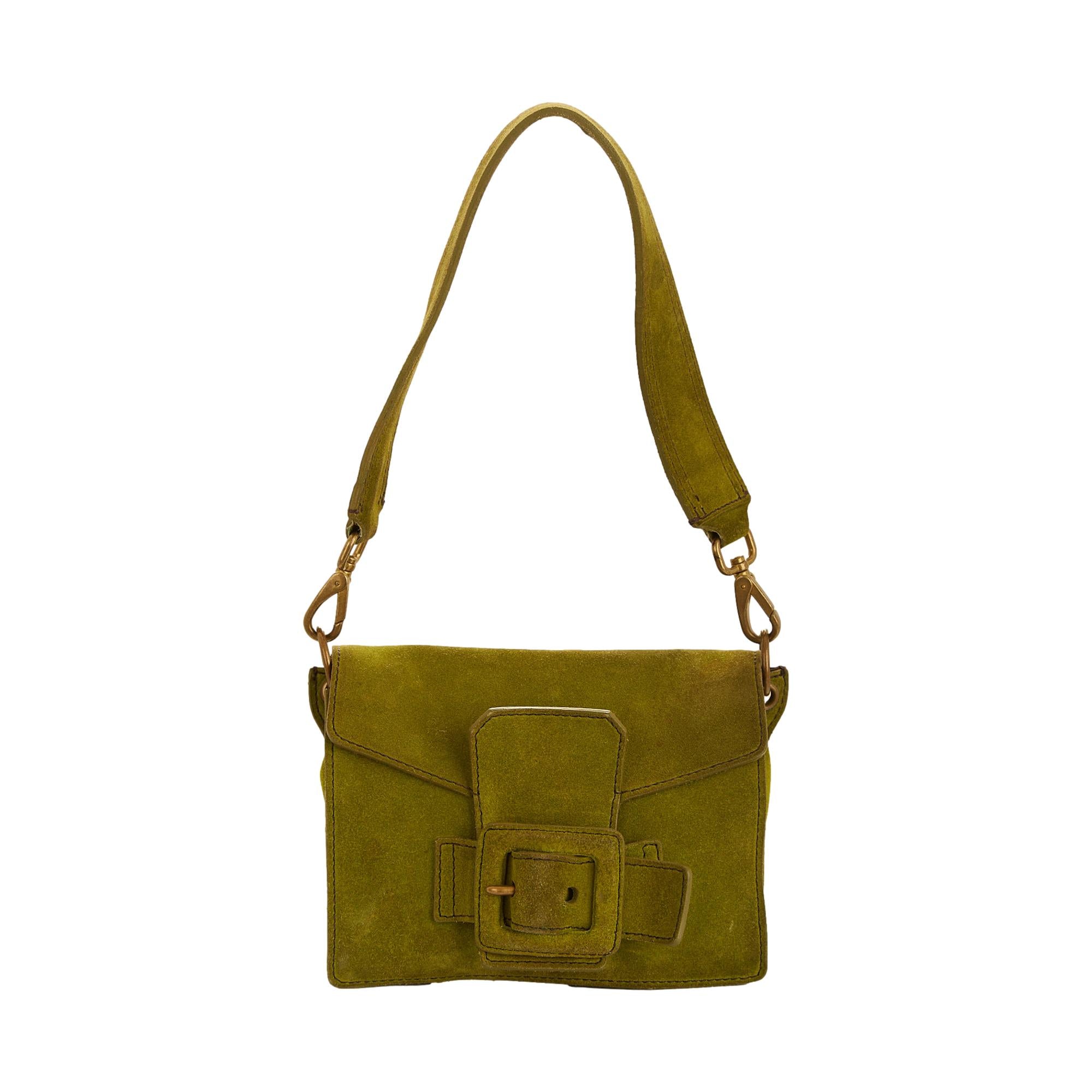 MIU MIUモスグリーンショルダーバッグ 光沢 合成素材ダメージあり Miu Miu Green Suede Buckle Shoulder Bag – Treasures of NYC