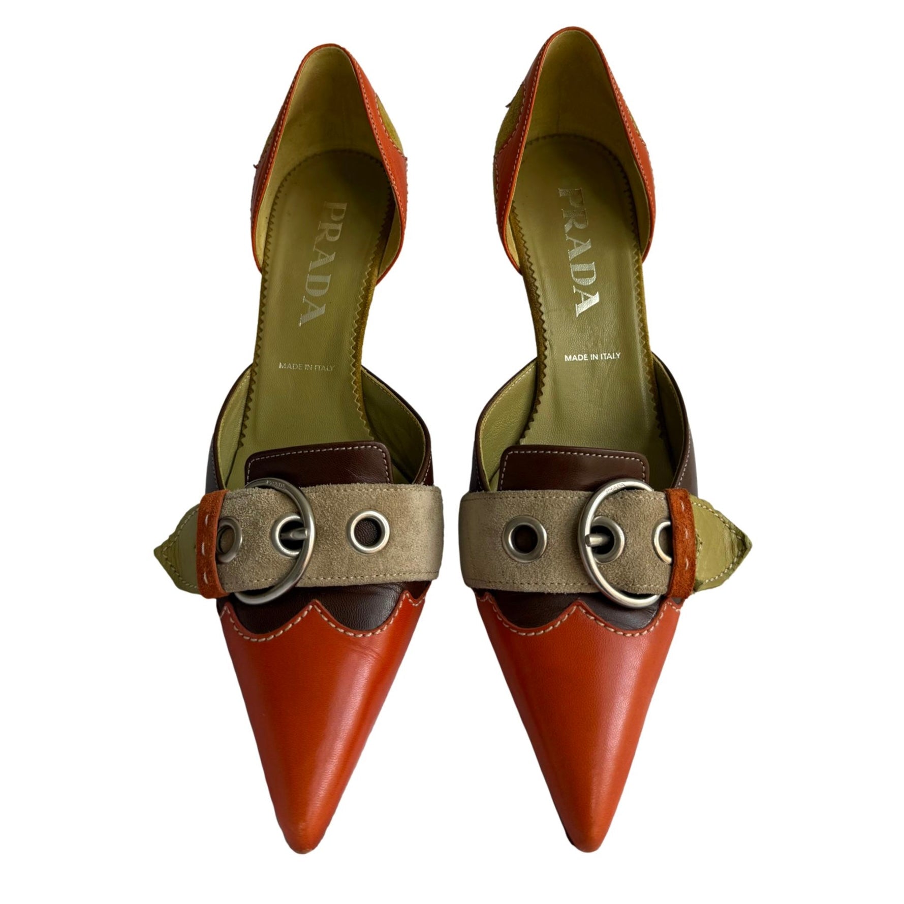 Prada Tri Color Buckle Kitten Heels