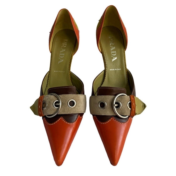 Prada Tri Color Buckle Kitten Heels