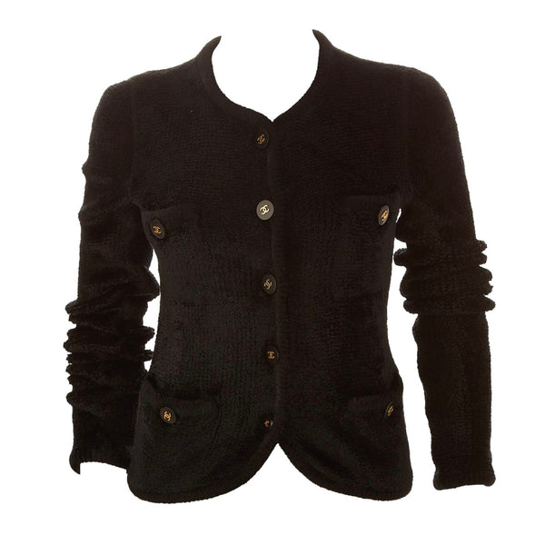 Chanel Black Chenille Logo Button Jacket