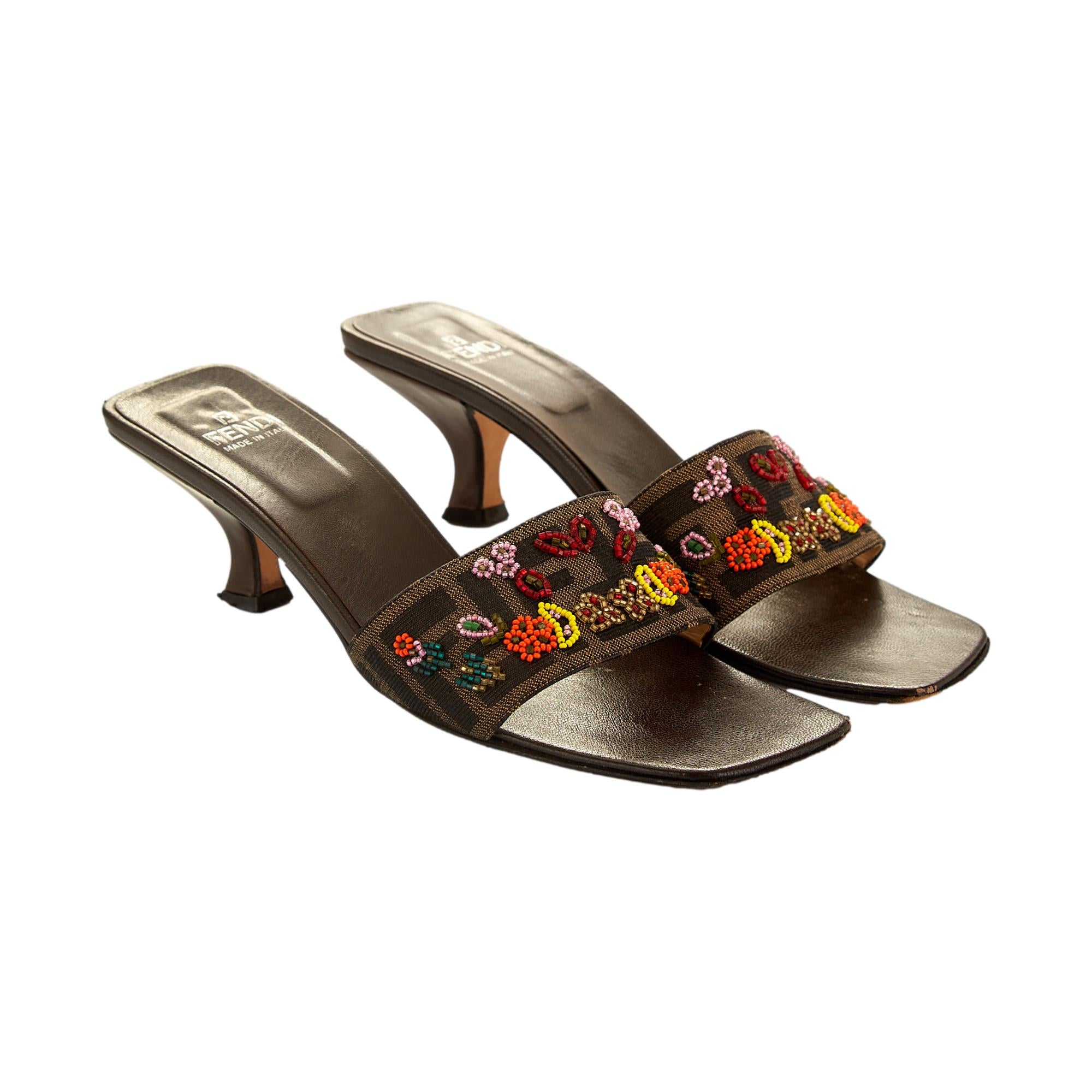 Fendi Brown Beaded Kitten Heels
