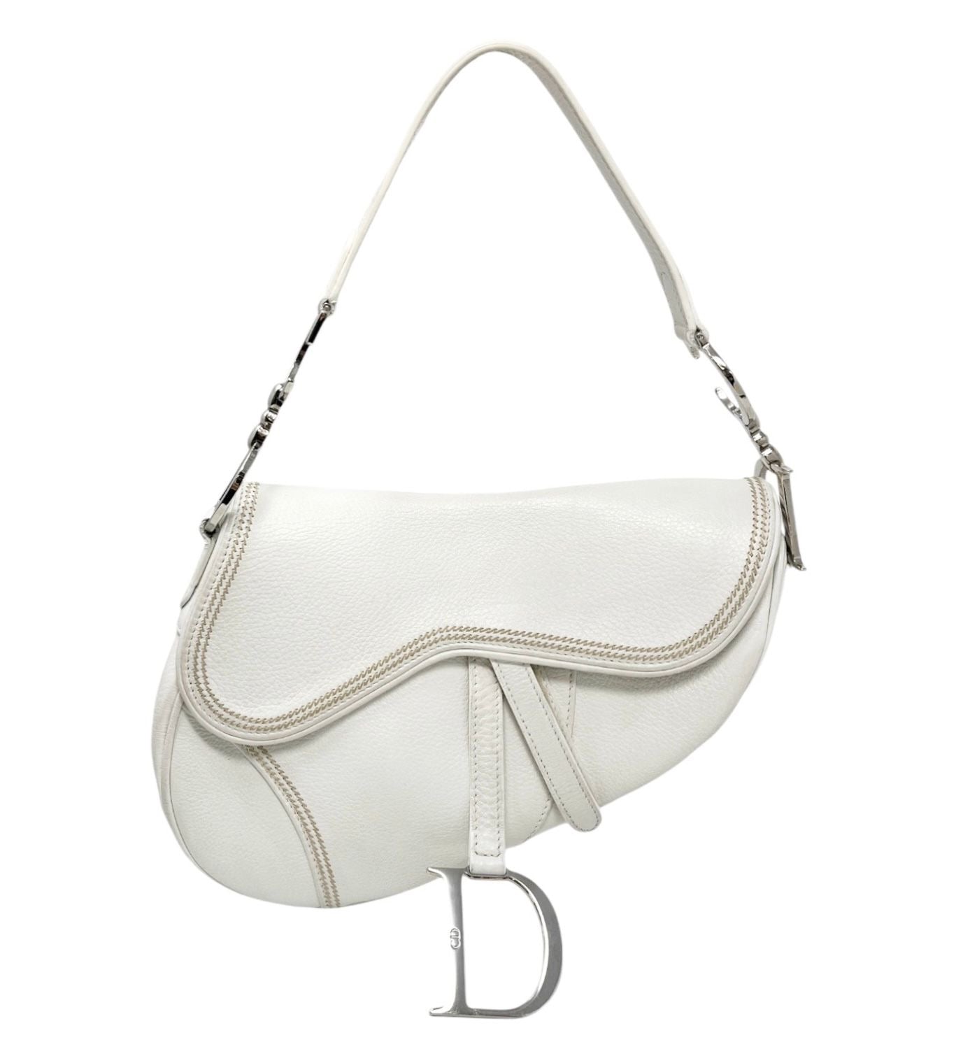 Dior White Leather Stitched Saddle Bag