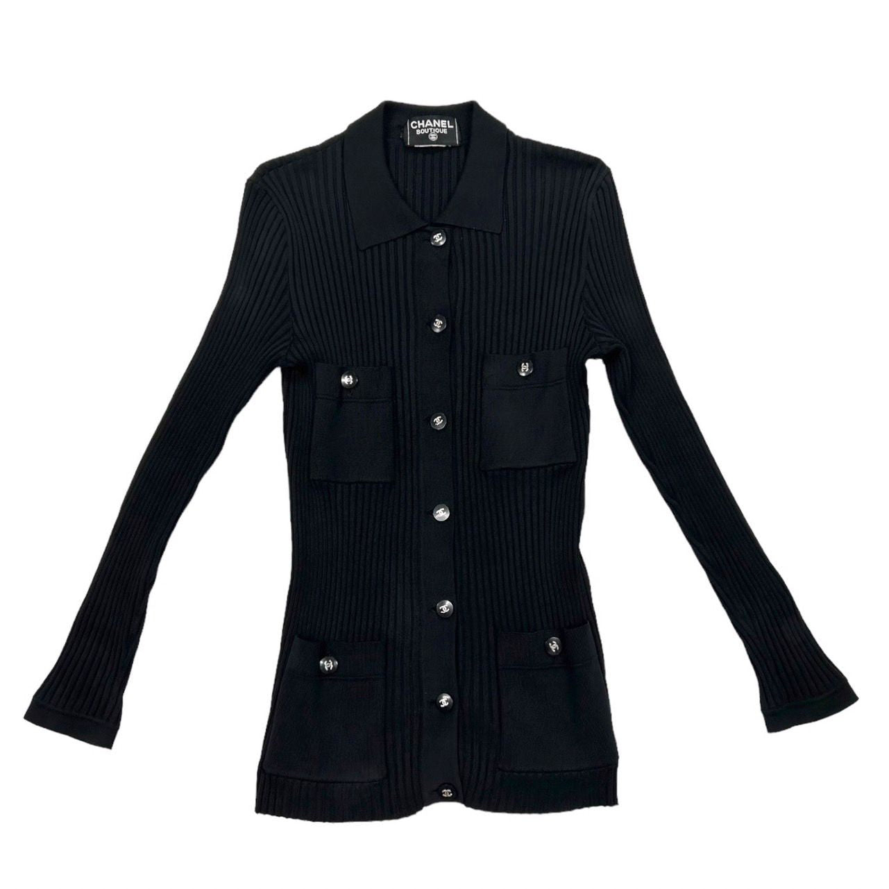 Chanel Black Ribbed Button Long Cardigan