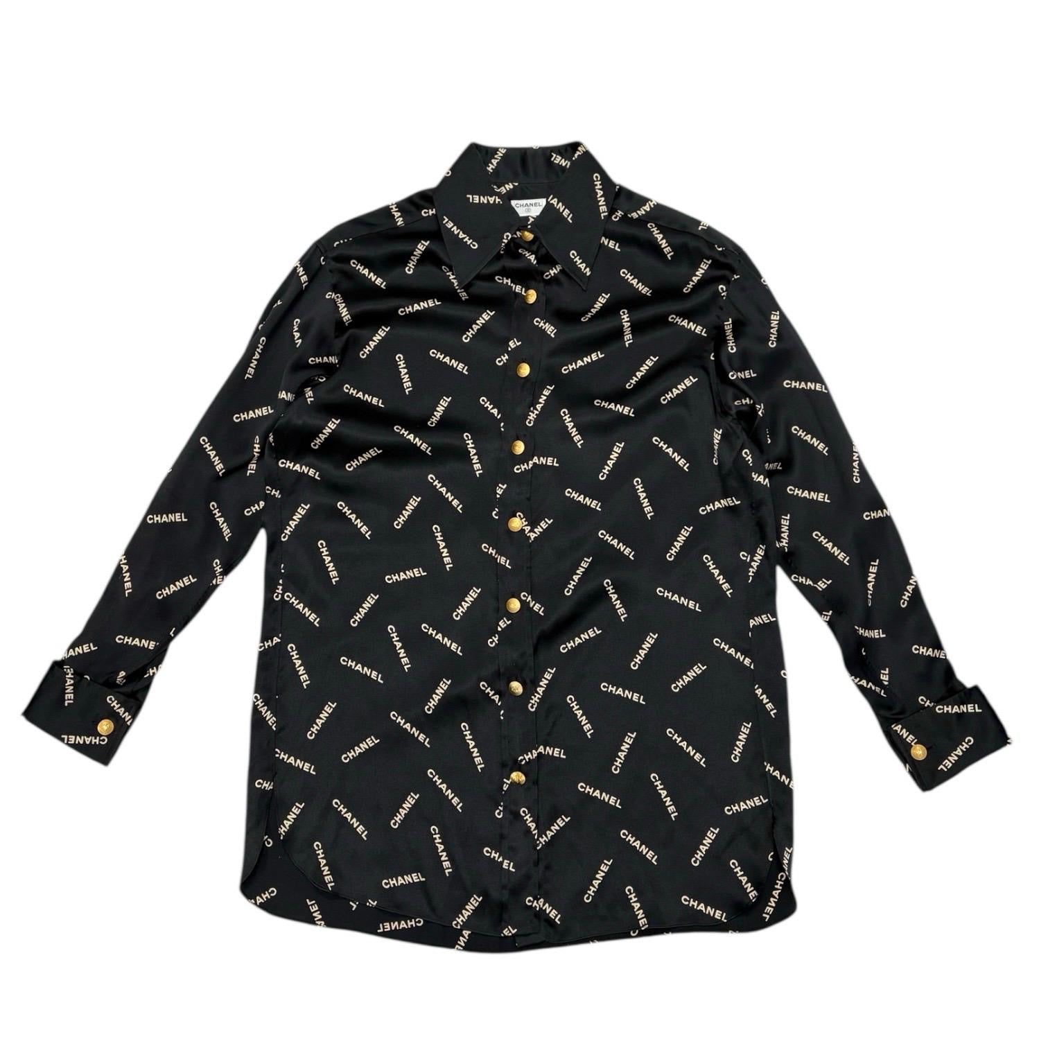 Chanel Black Logo Silk Button Down