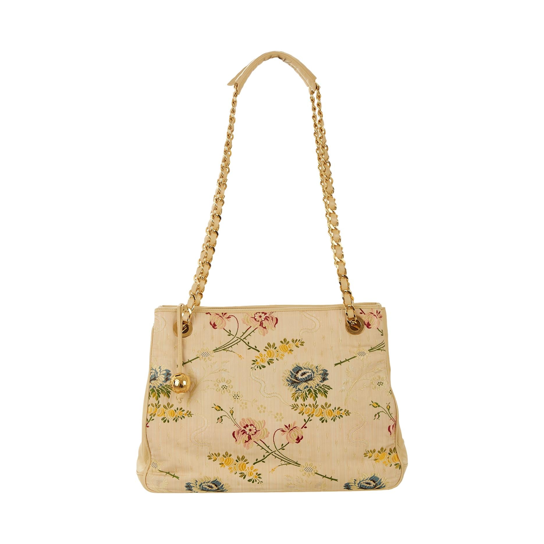Chanel Beige Floral Embroidered Shoulder Bag