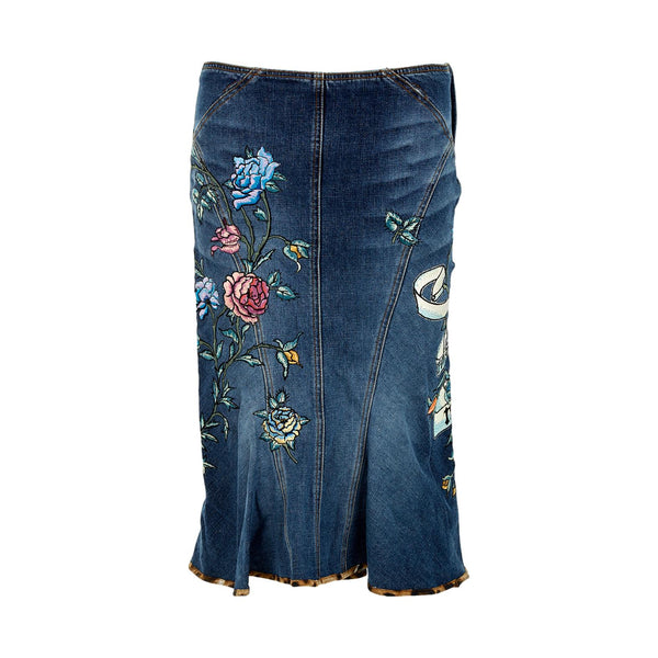 Roberto Cavalli Denim Floral Embroidered Skirt