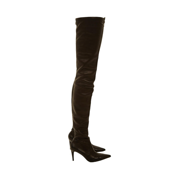 Chanel Black Leather Thigh High Logo Boots