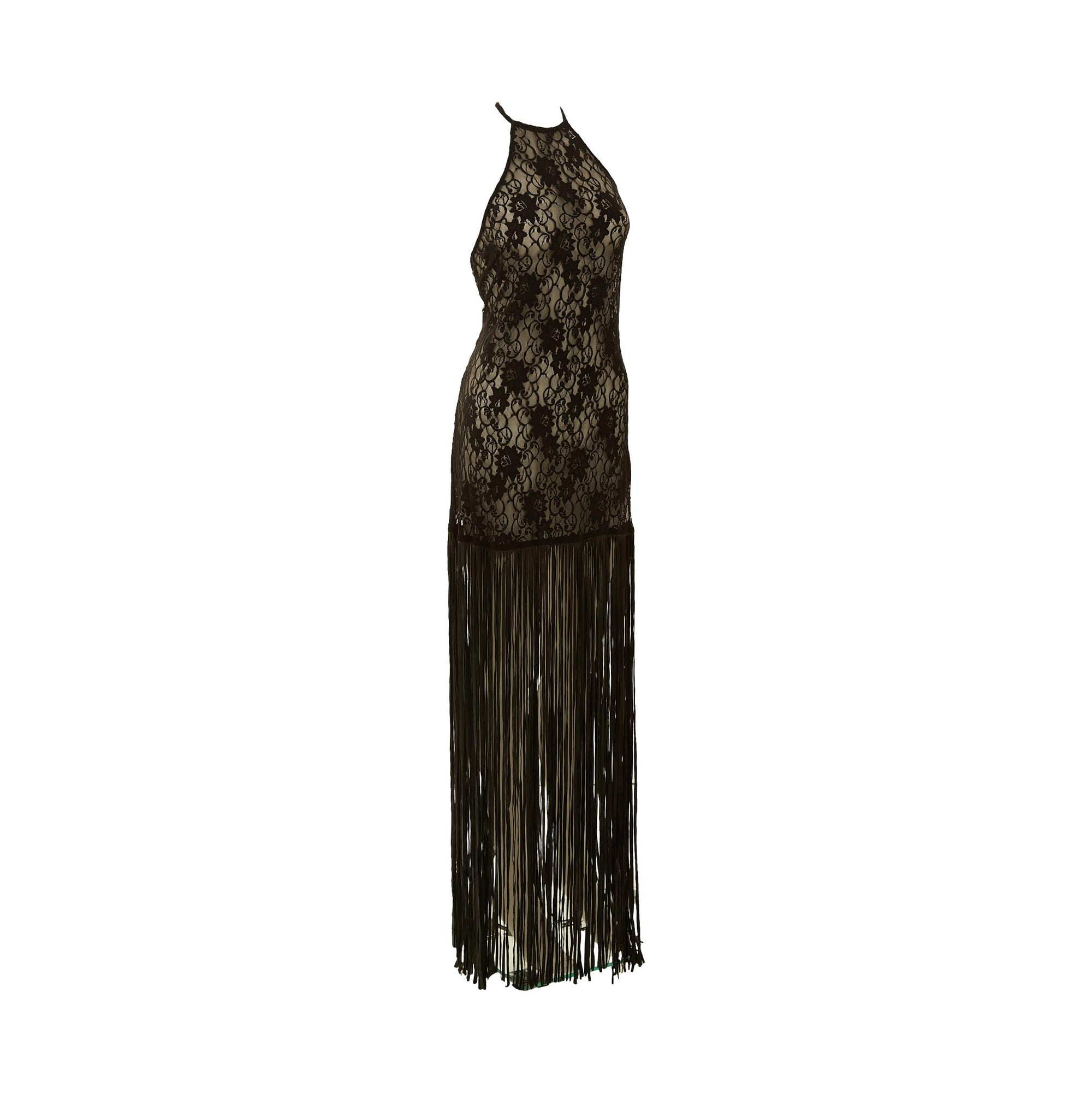 black lace fringe dress Draped crepe and lace maxi dress with fringe Color: Black RASARIO Online Boutique 38 (FR) / Black
