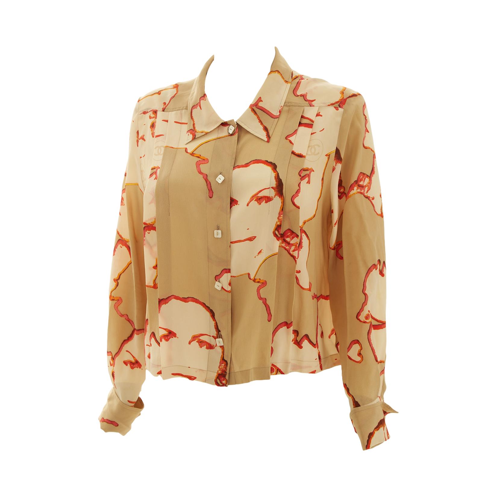 Chanel Tan Face Print Button Down