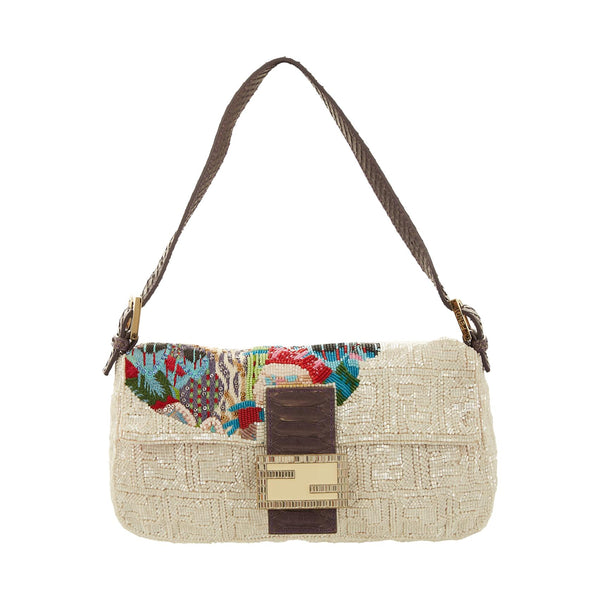 Fendi White Beaded Baguette