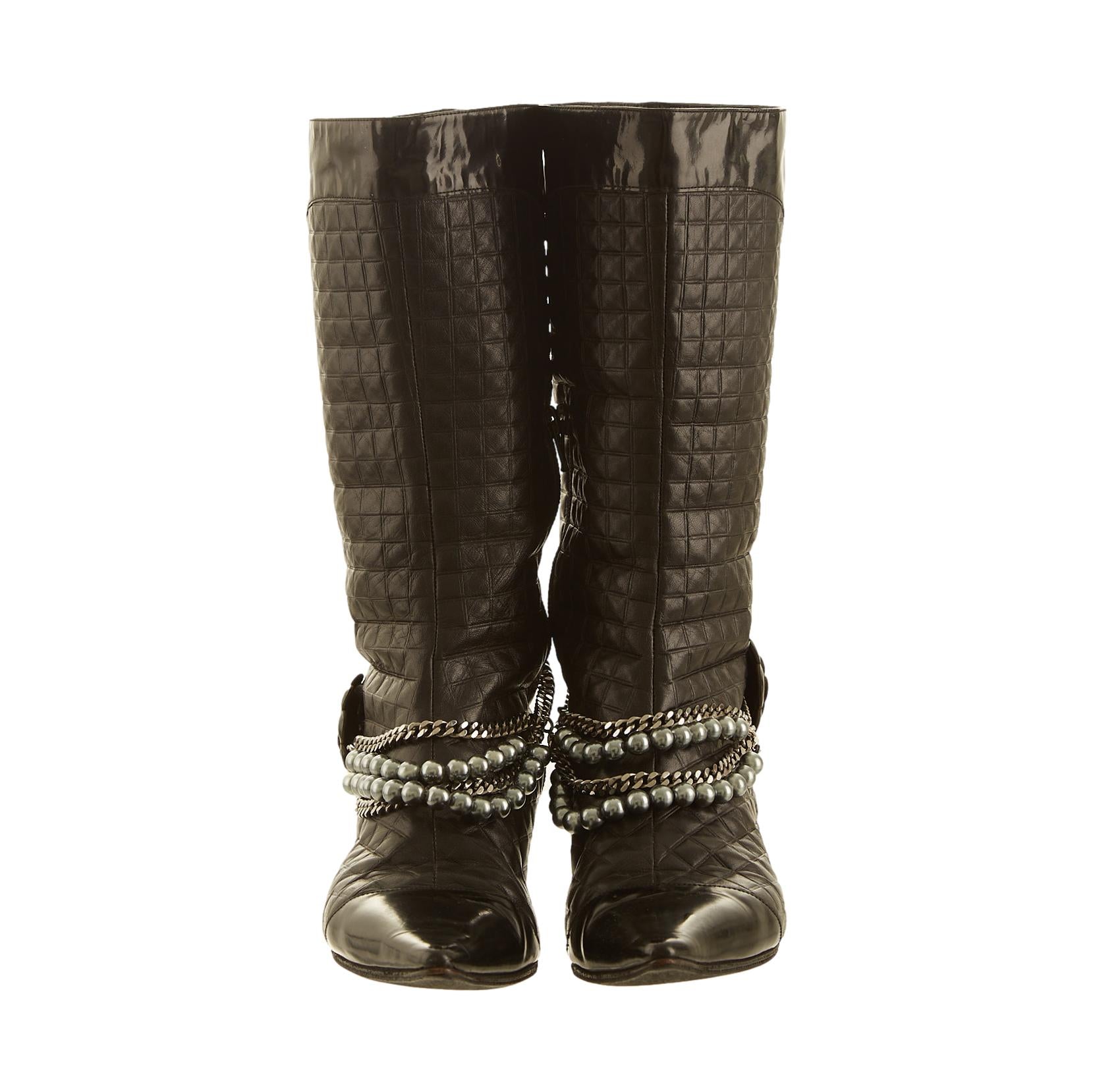 Chanel Black Quilted Pearl Chain Boots