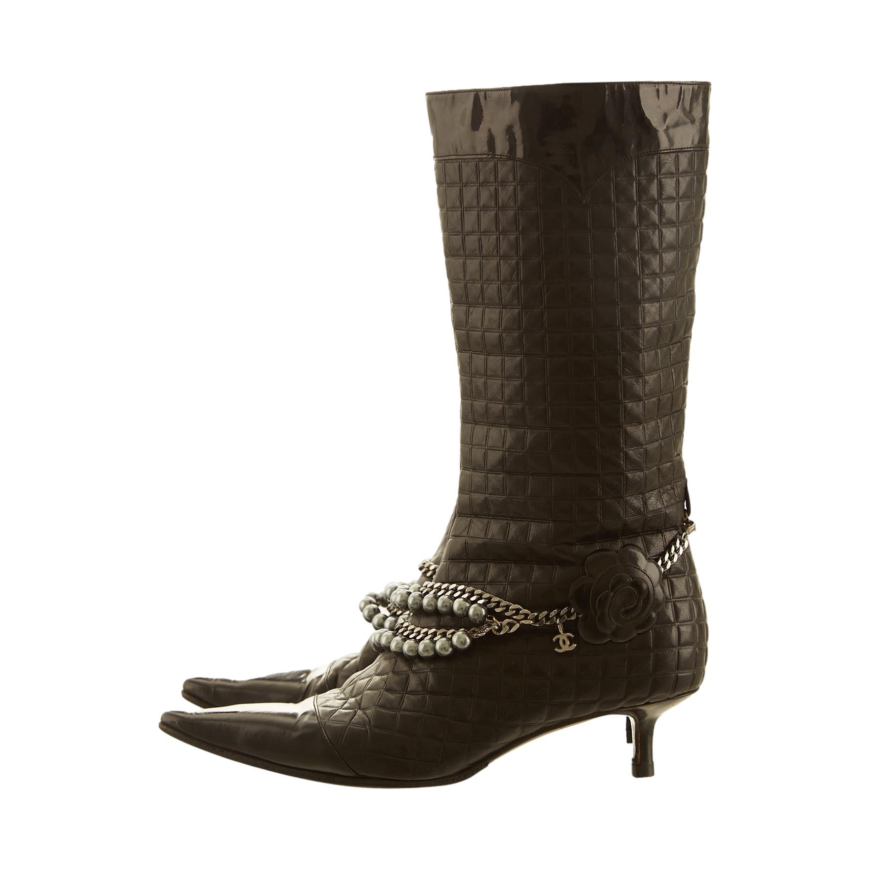 Chanel Black Quilted Pearl Chain Boots