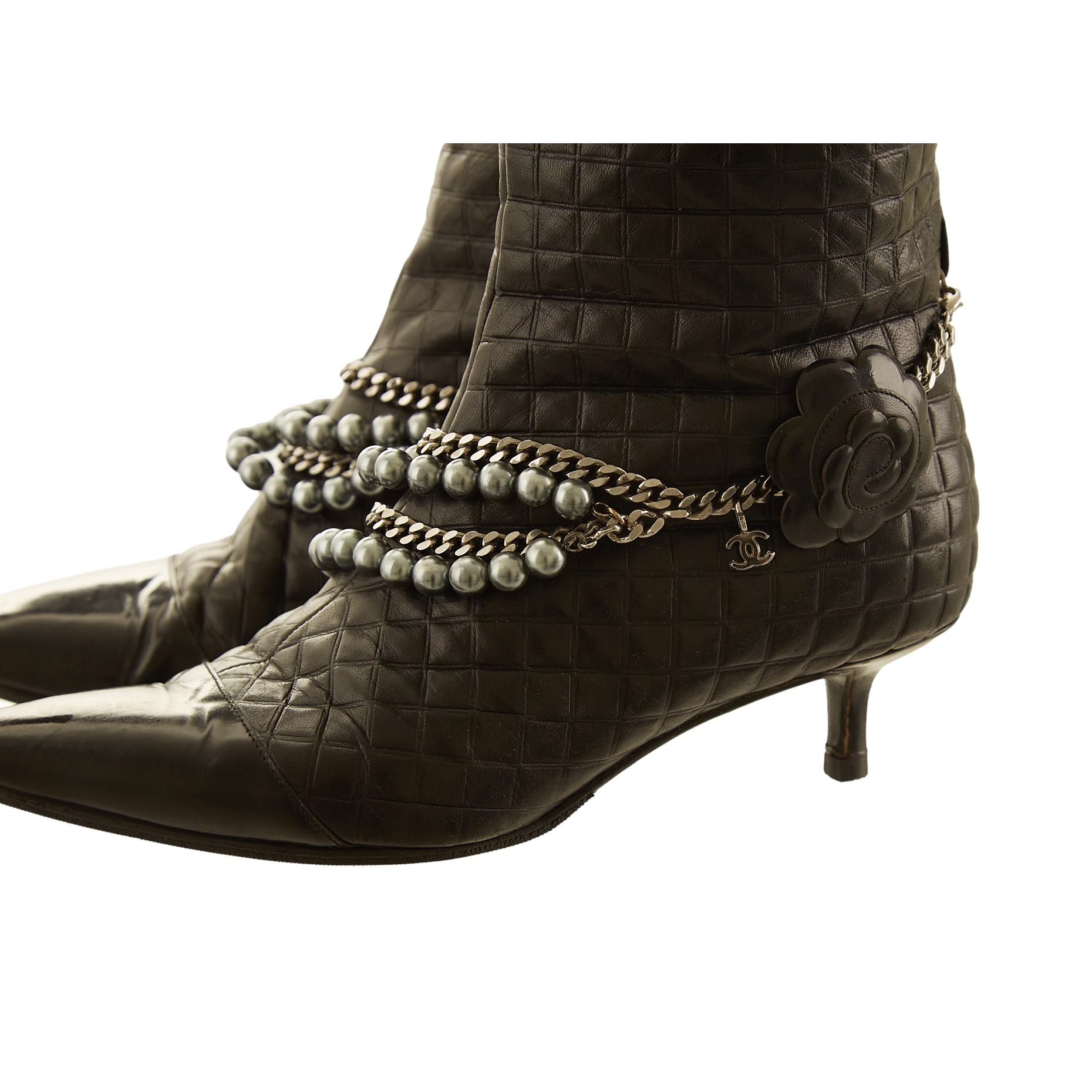 Chanel Womens Chain Around Cap Toe CC MidCalf Boots Quilted Nylon with  Leather Black 2113771