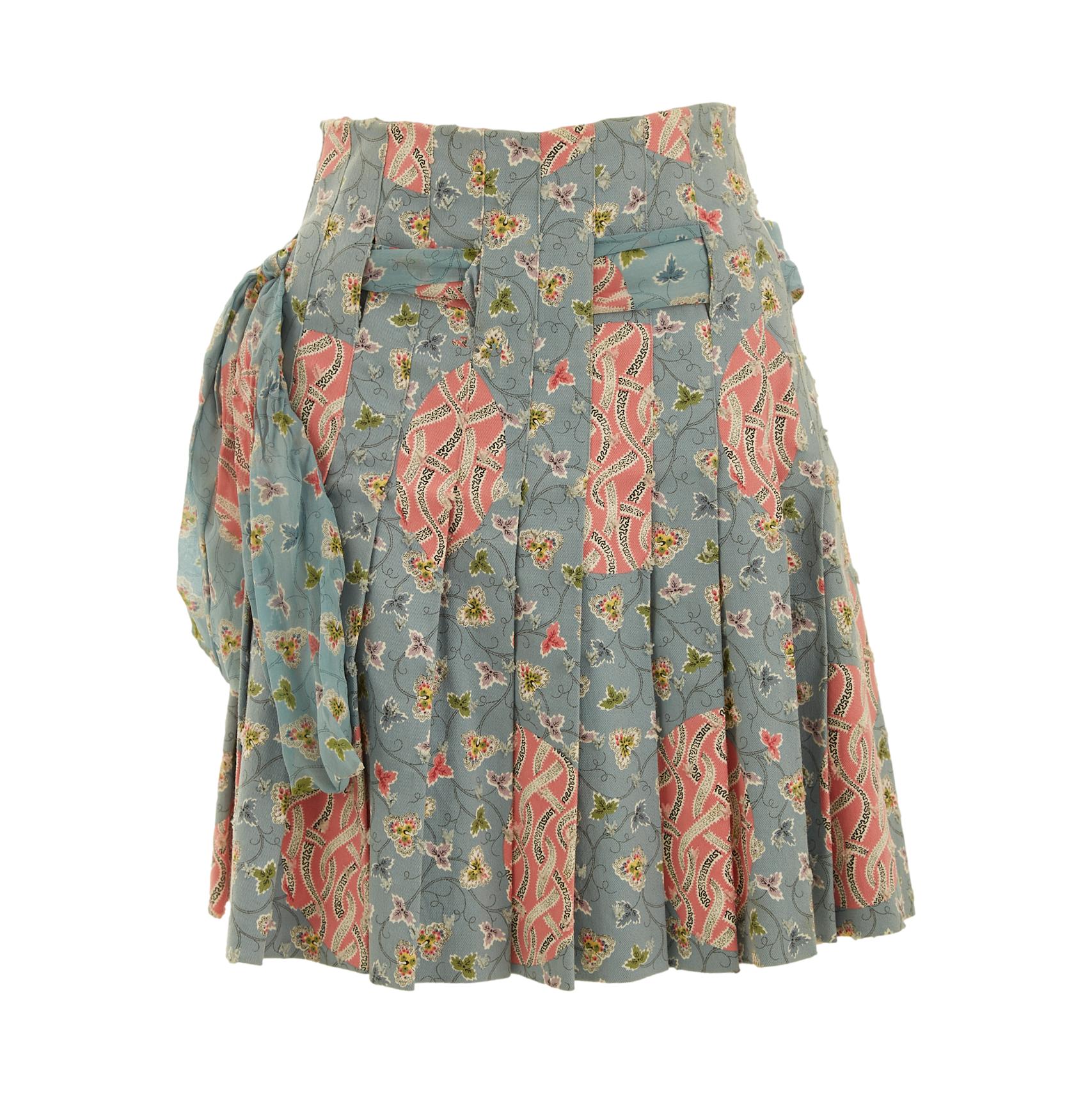 Dior Blue Floral Print Distressed Pleated Skirt