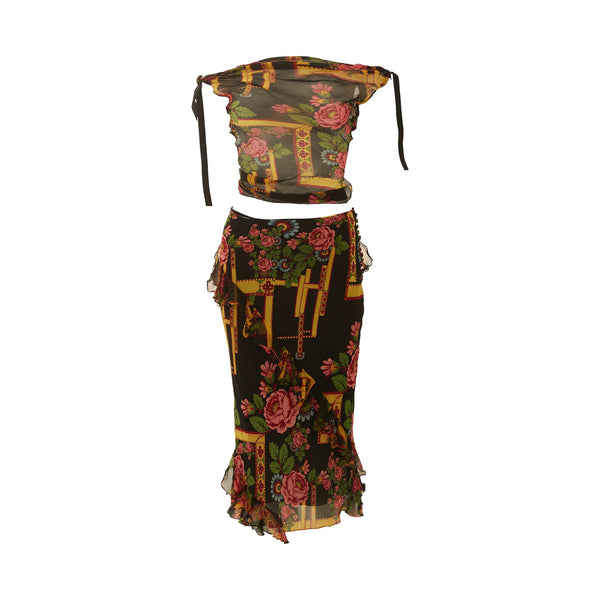 Galliano Black Floral Print Skirt Set