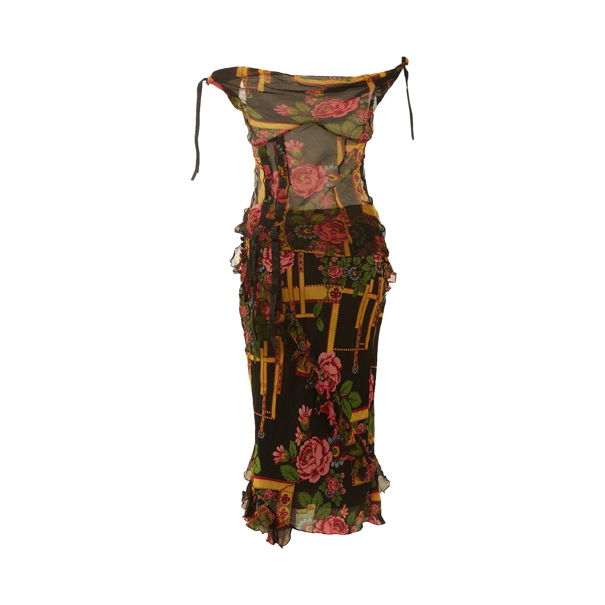Galliano Black Floral Print Skirt Set