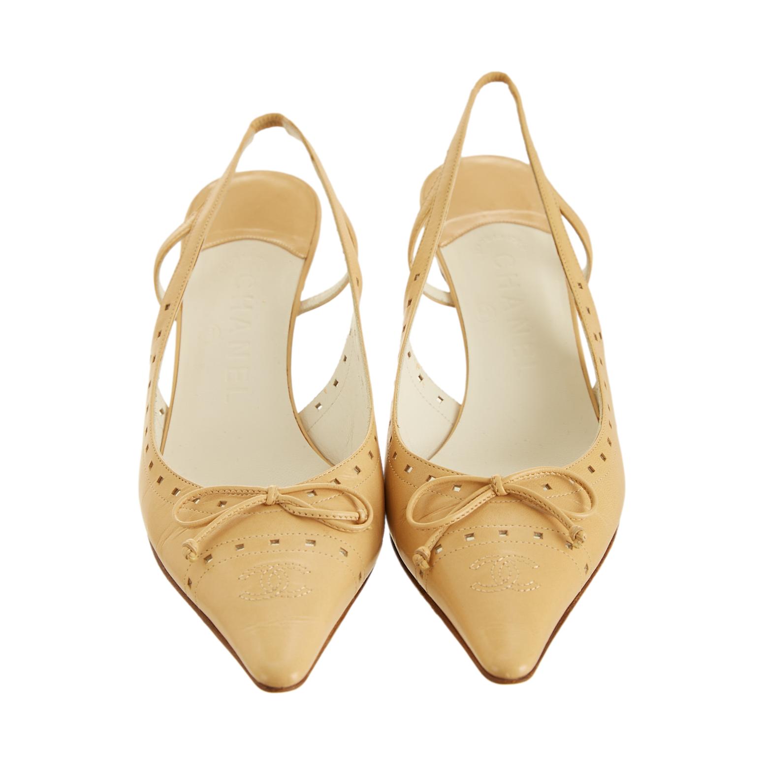 Chanel Beige Logo Bow Kitten Heels