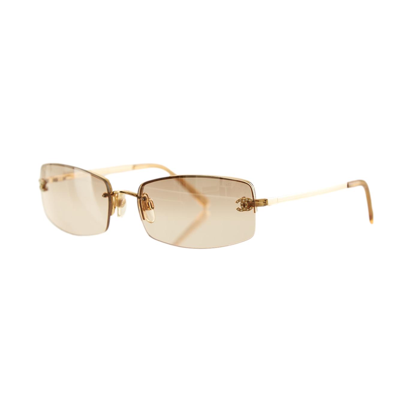 Chanel Gold Rhinestone Logo Rimless Mini Sunglasses