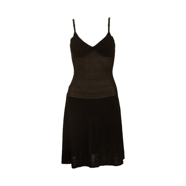 Chanel Black Ribbed Lace Sheer Logo Dress