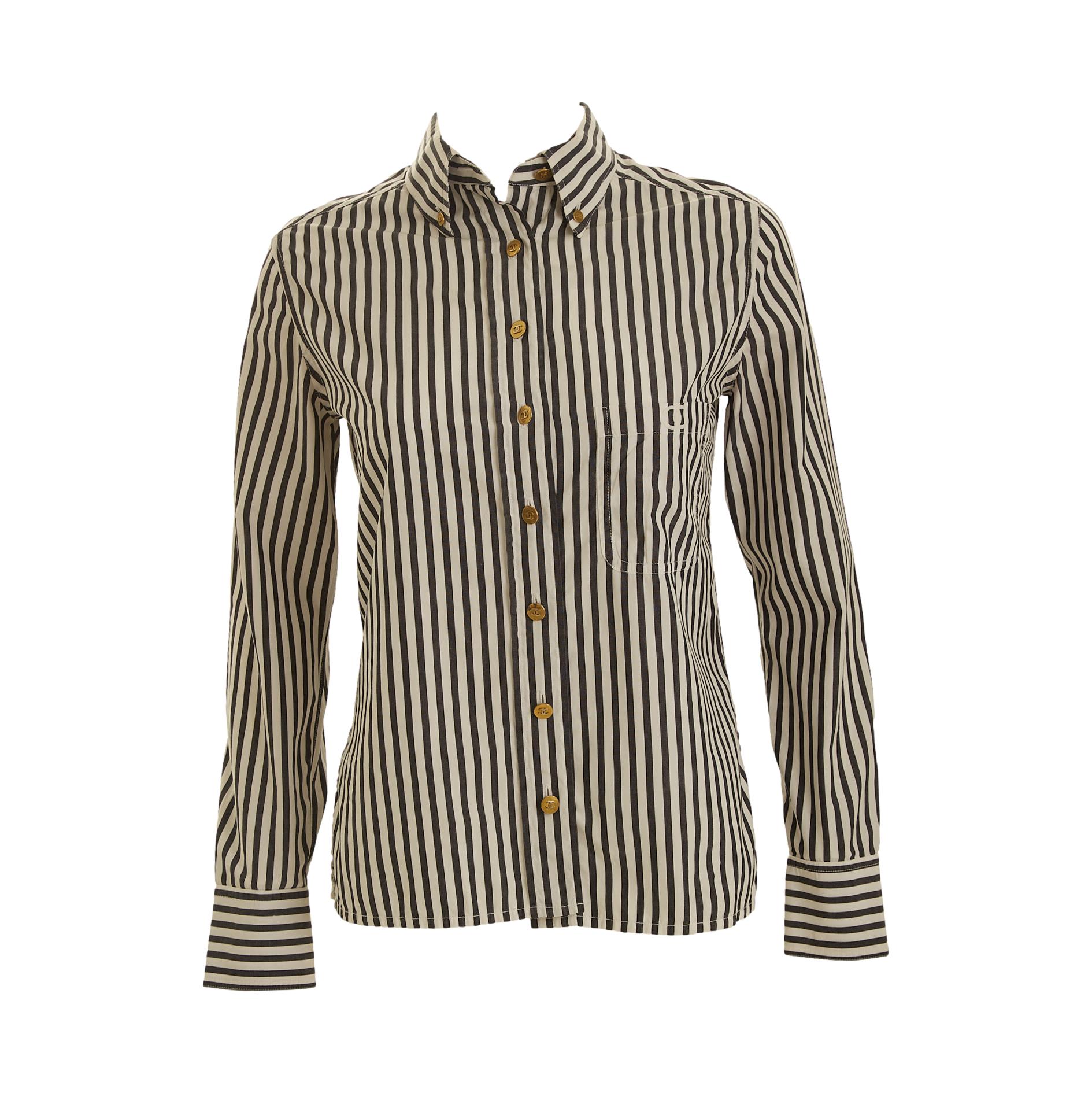 Chanel Navy Striped Logo Button Down