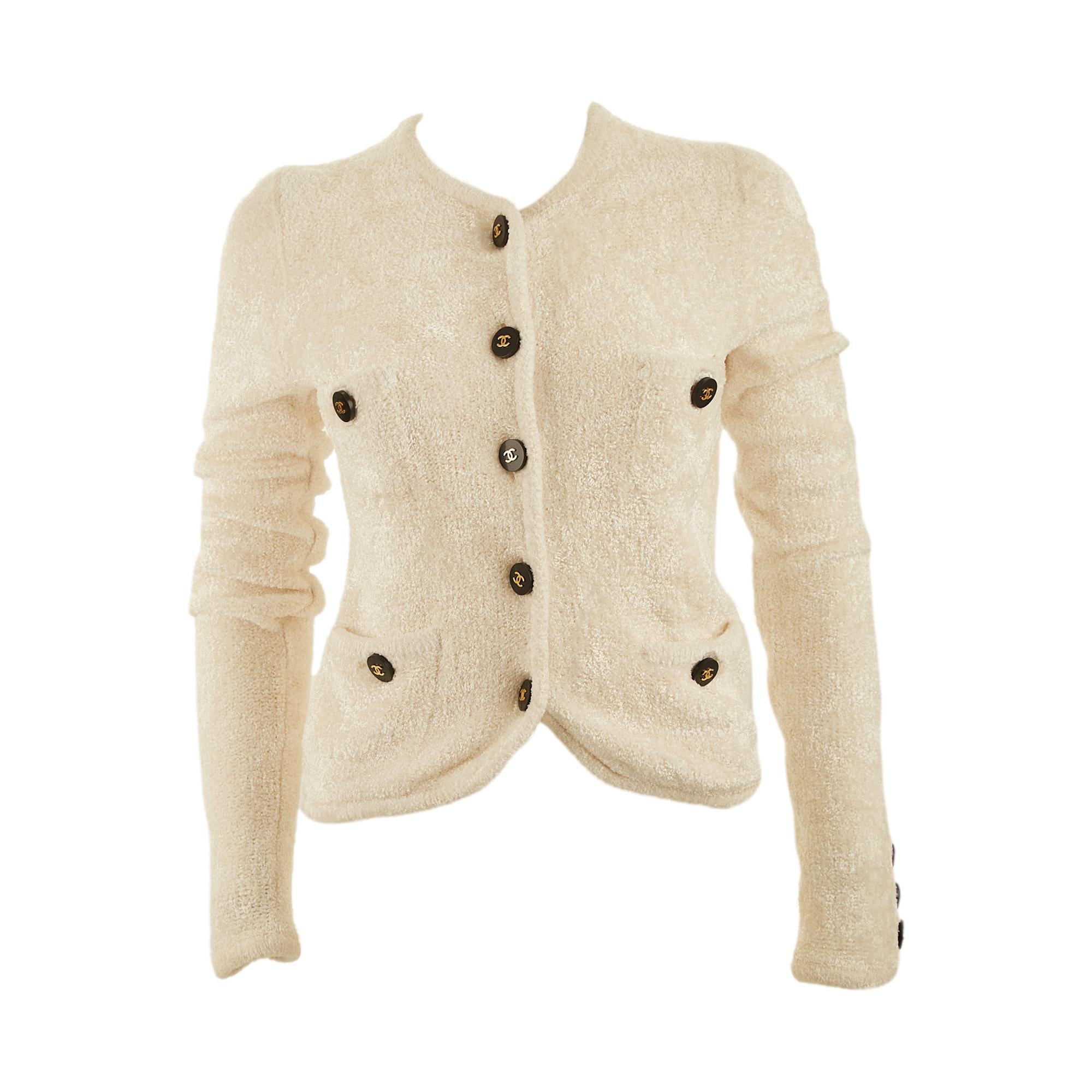 Chanel White Chenille Logo Button Jacket