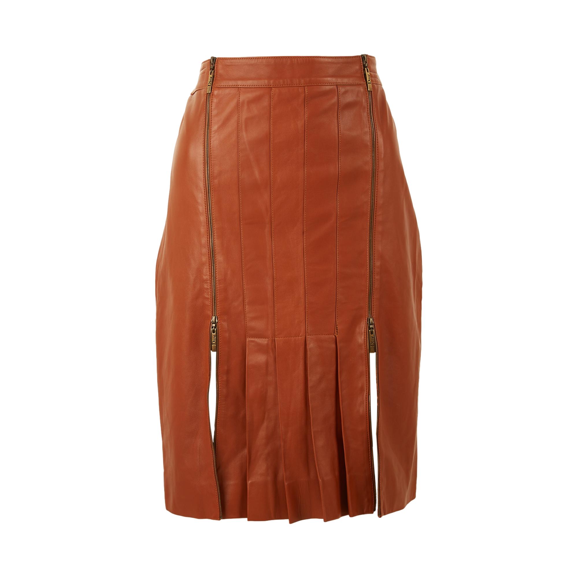 Dior Brown Leather Pleated Zipper Skirt