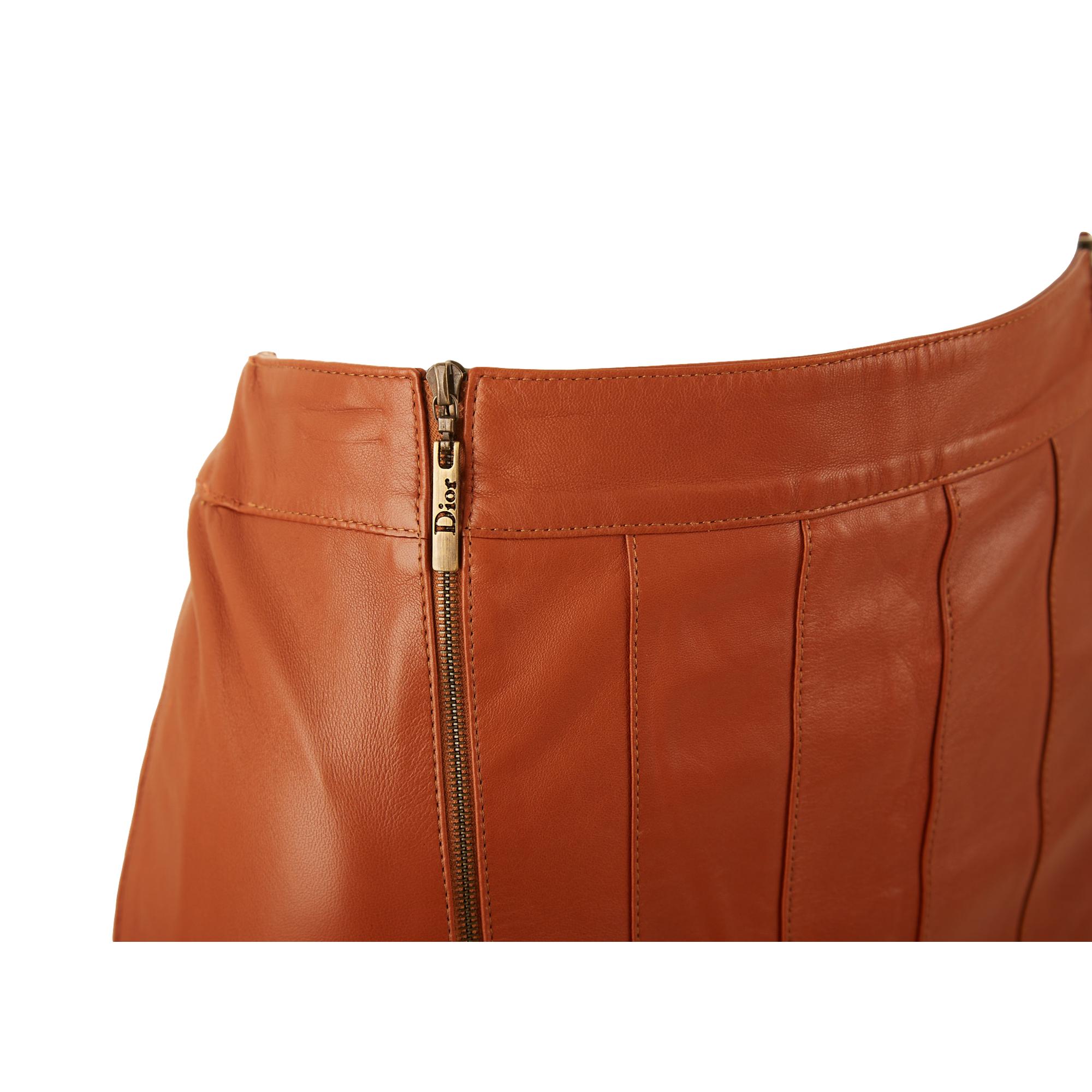 Dior Brown Leather Pleated Zipper Skirt