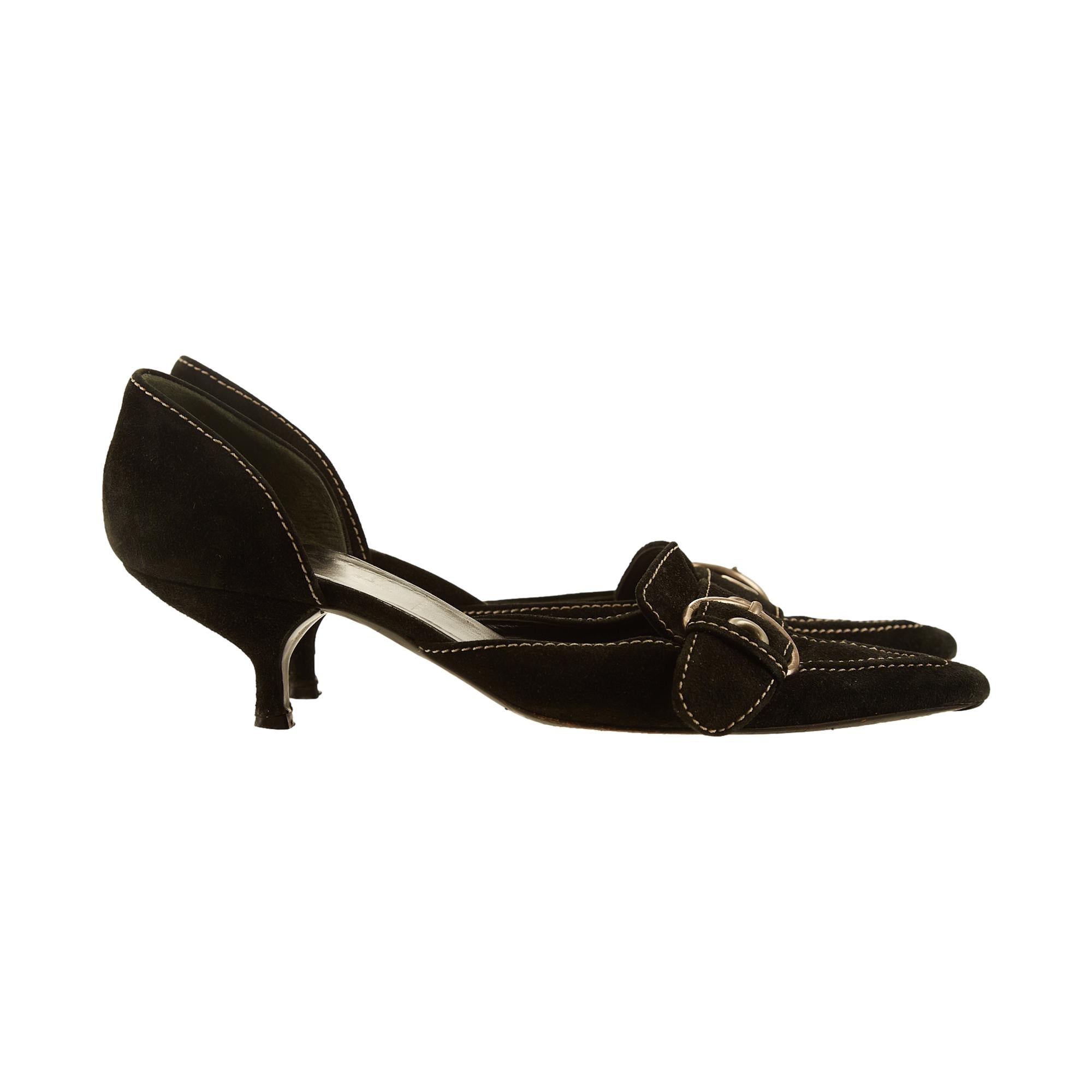 Prada Black Suede Buckle Heels