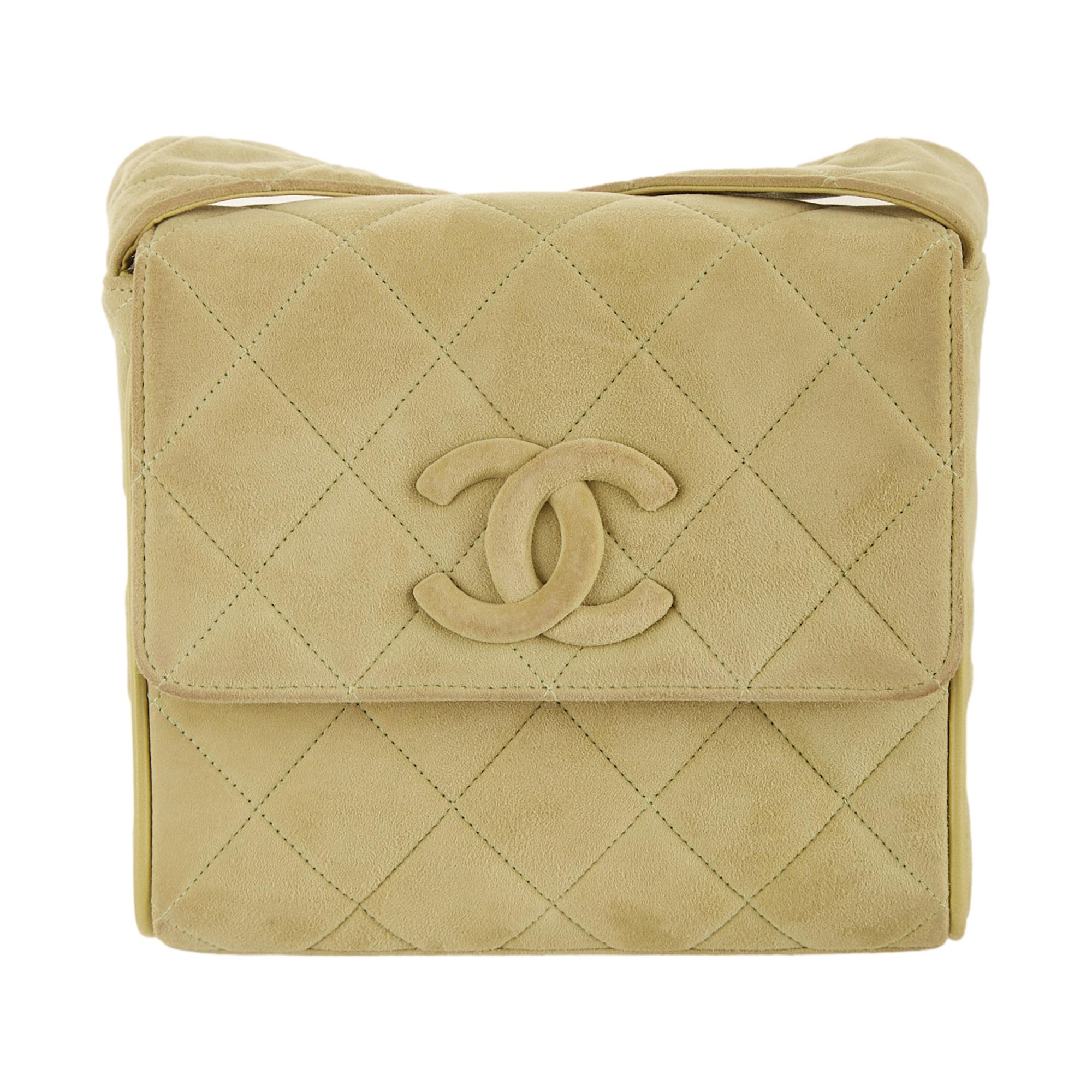 Chanel Green Suede Quilted Logo Shoulder Bag