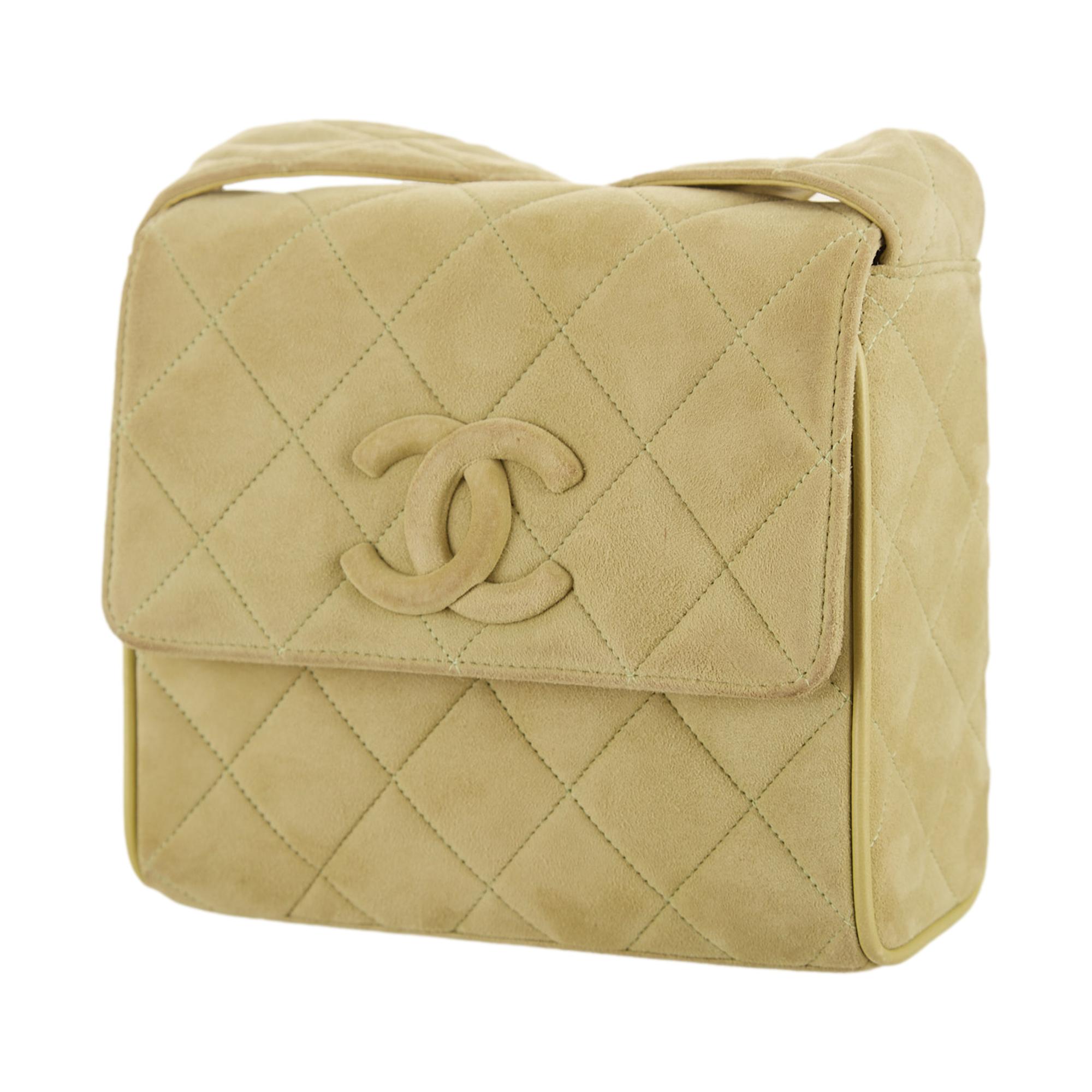 Chanel Green Suede Quilted Logo Shoulder Bag