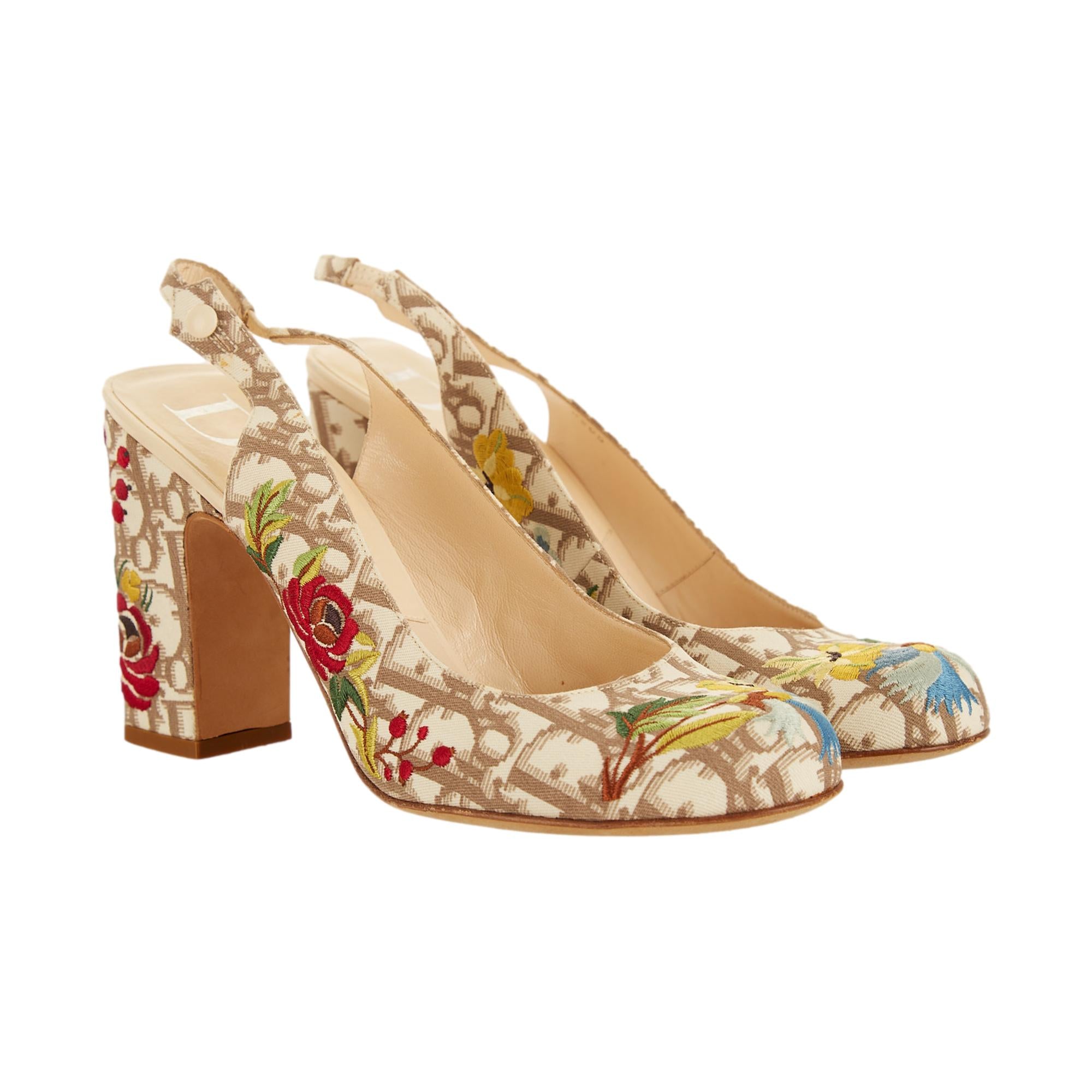 Dior Beige Floral Embroidered Heels