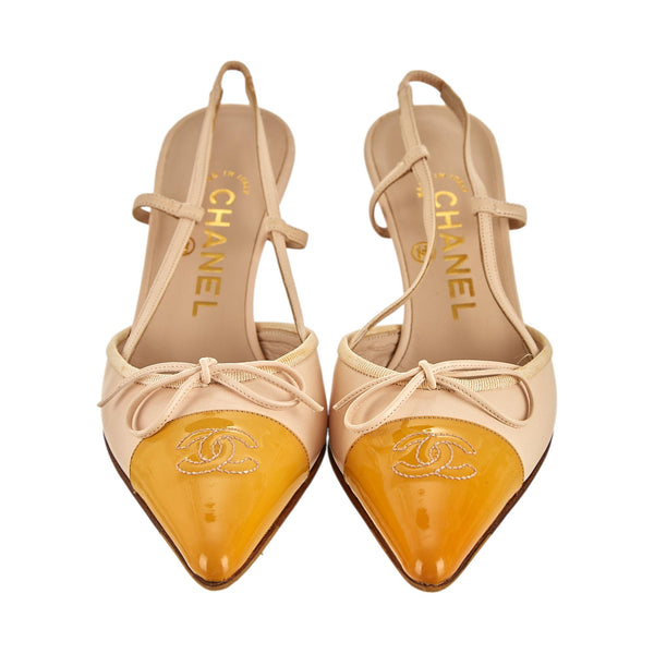 Chanel Yellow Logo Bow Slingback Heels