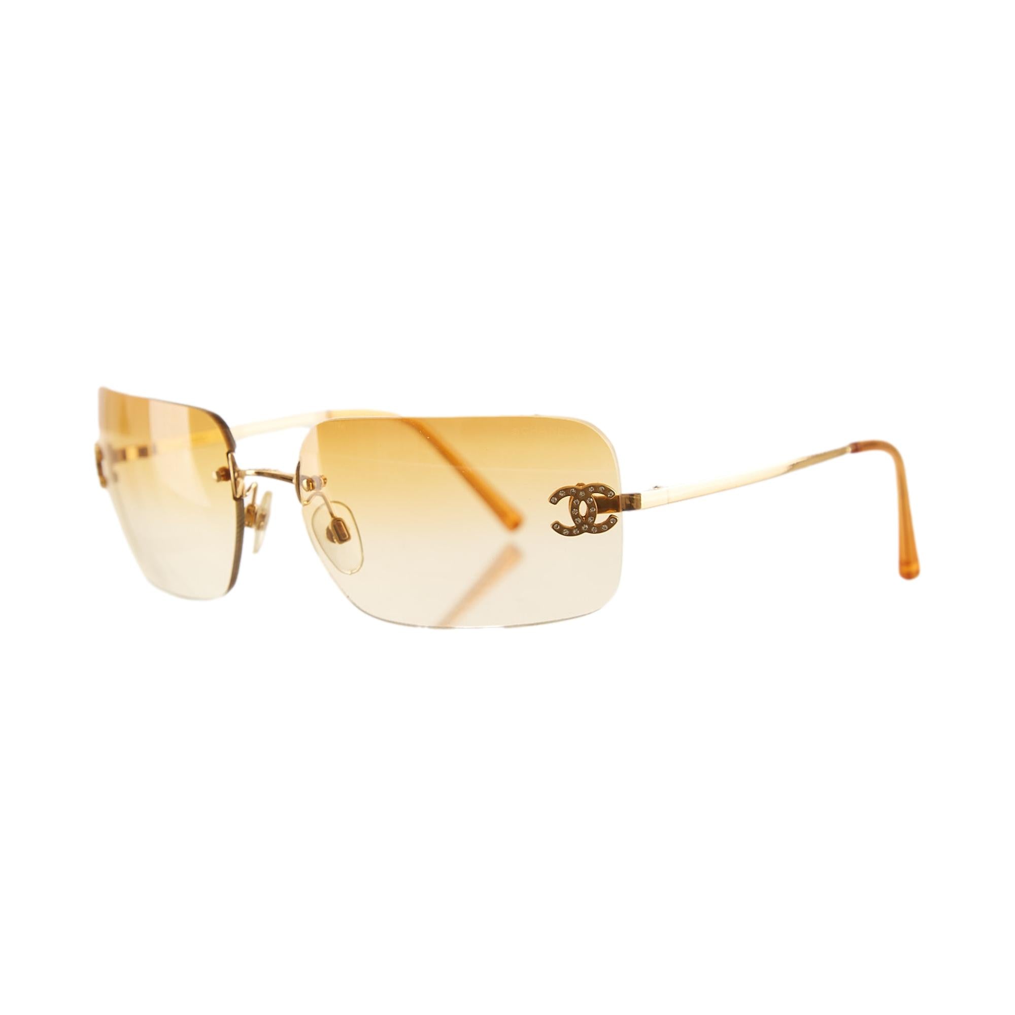 Chanel Orange Rhinestone Logo Rimless Sunglasses