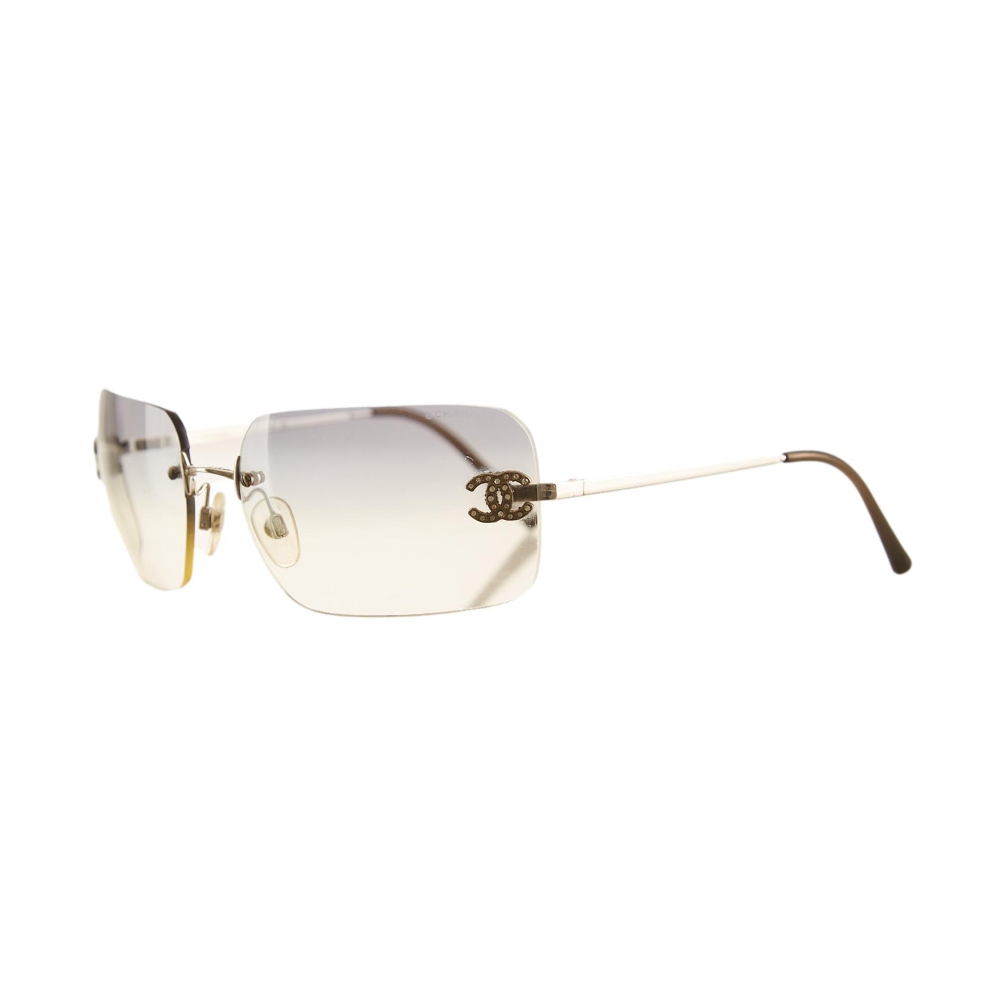 Chanel Grey Rhinestone Logo Rimless Sunglasses – Treasures of NYC