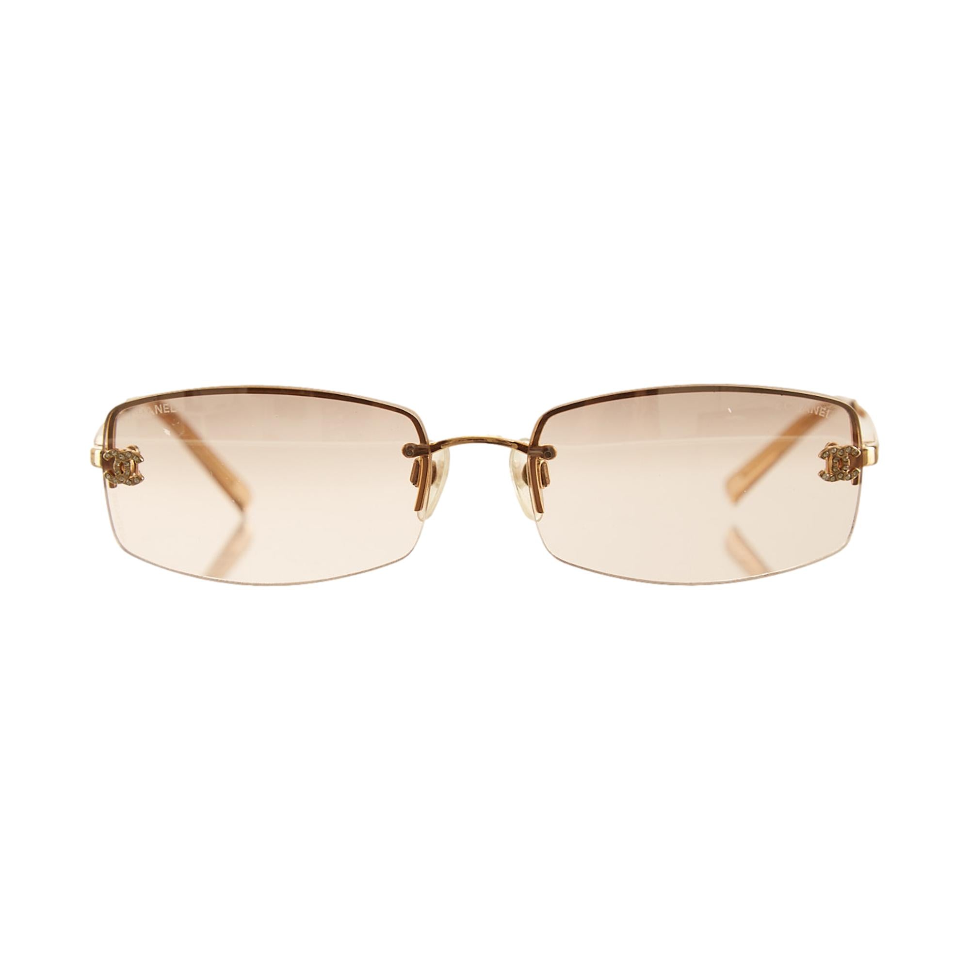 Chanel Gold Rhinestone Logo Rimless Mini Sunglasses