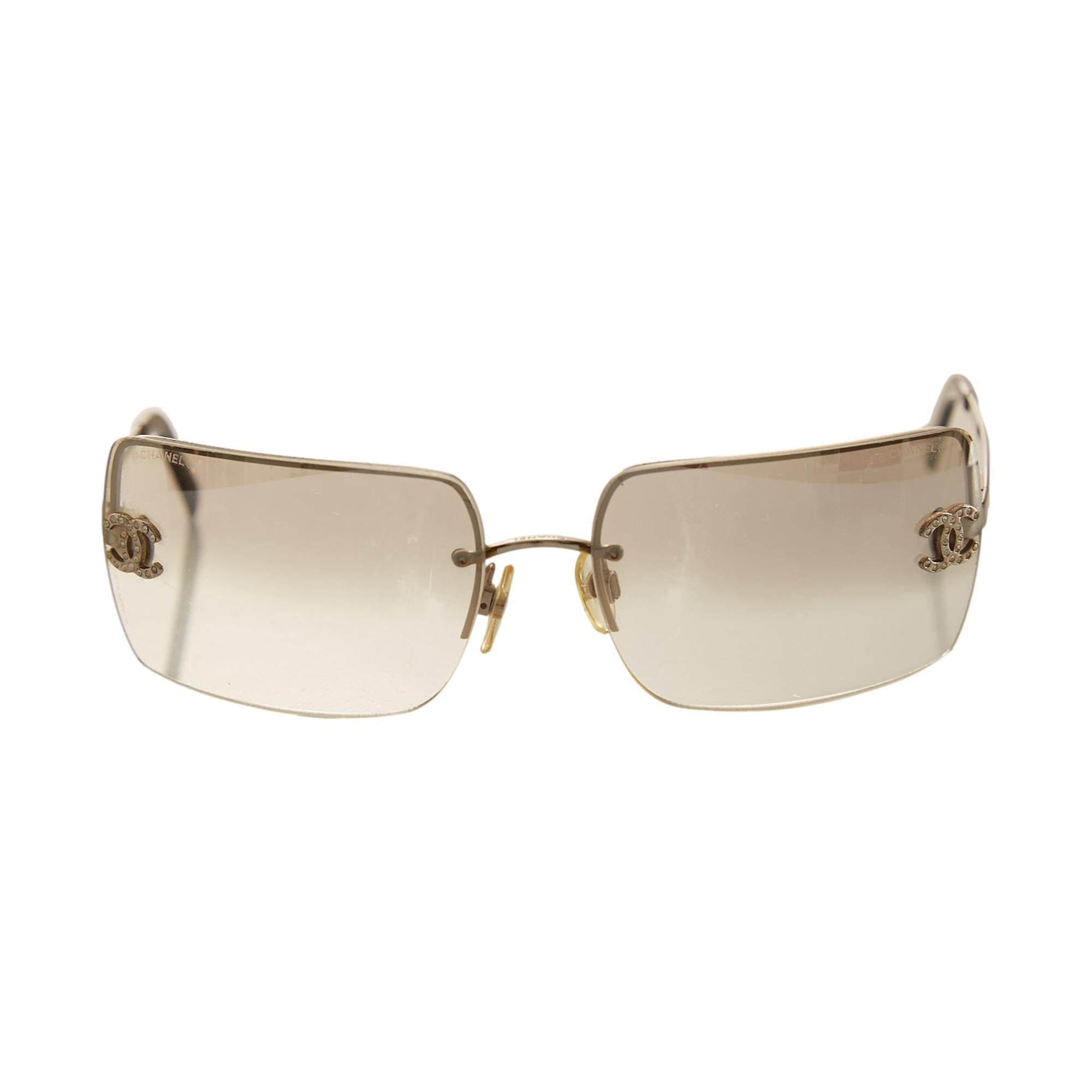 Super Luxury Rich Rhinestone Chain Frame Rimless Gangster Sunglasses Gold  Brown 