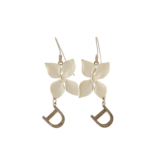 Dior White Flower Rhinestone Logo Earrings