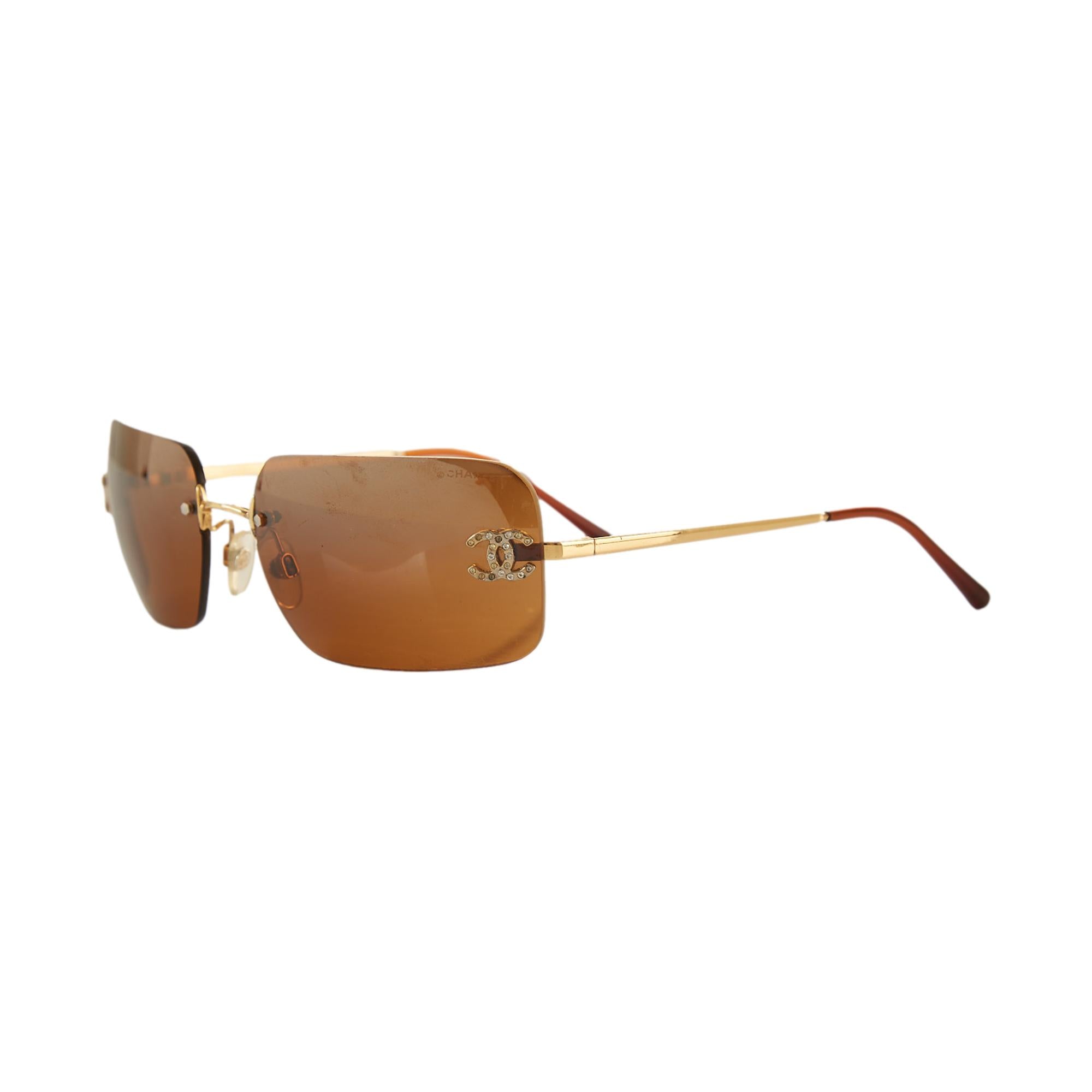 Chanel Brown Rhinestone Logo Rimless Sunglasses