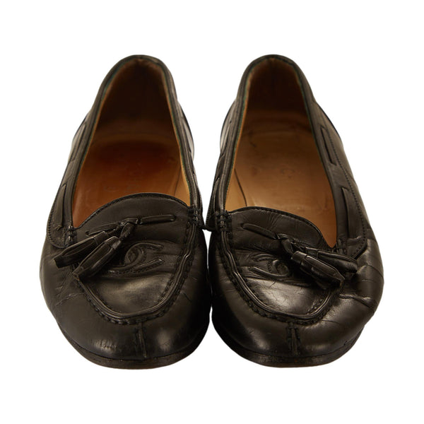 Chanel Black Logo Tassel Loafers