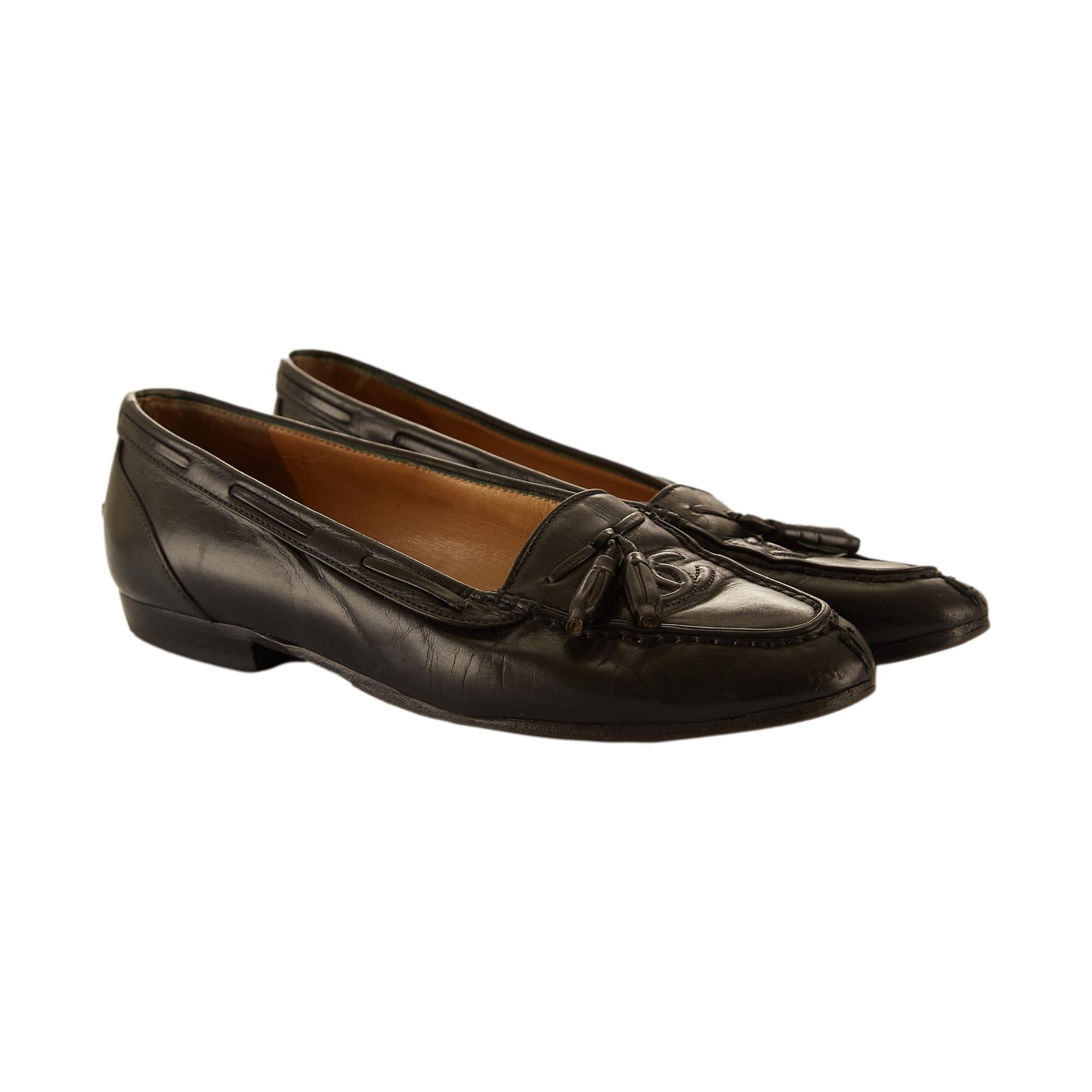 Chanel Black Logo Tassel Loafers