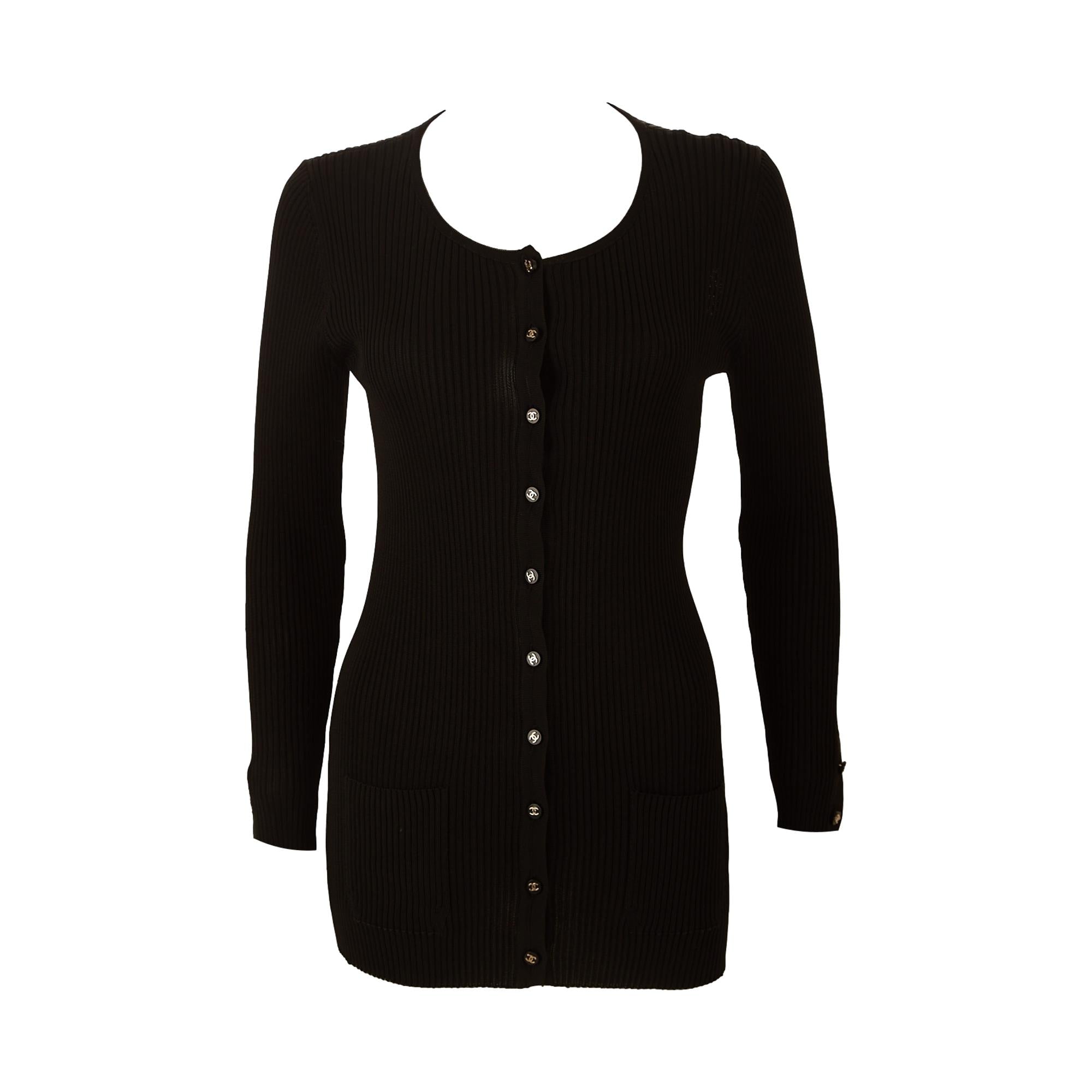 Chanel Black Ribbed Button Long Cardigan