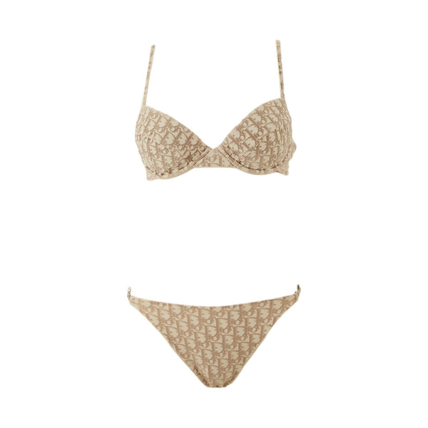 Dior Beige Logo Rhinestone Bikini Set