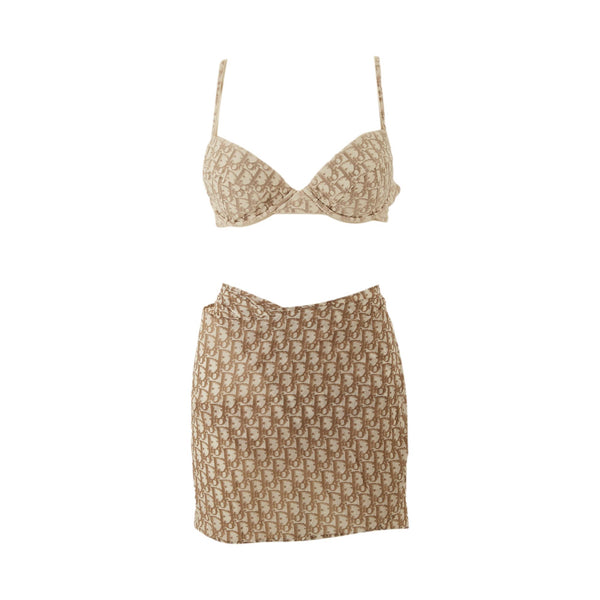 Dior Beige Logo Rhinestone Bikini Set