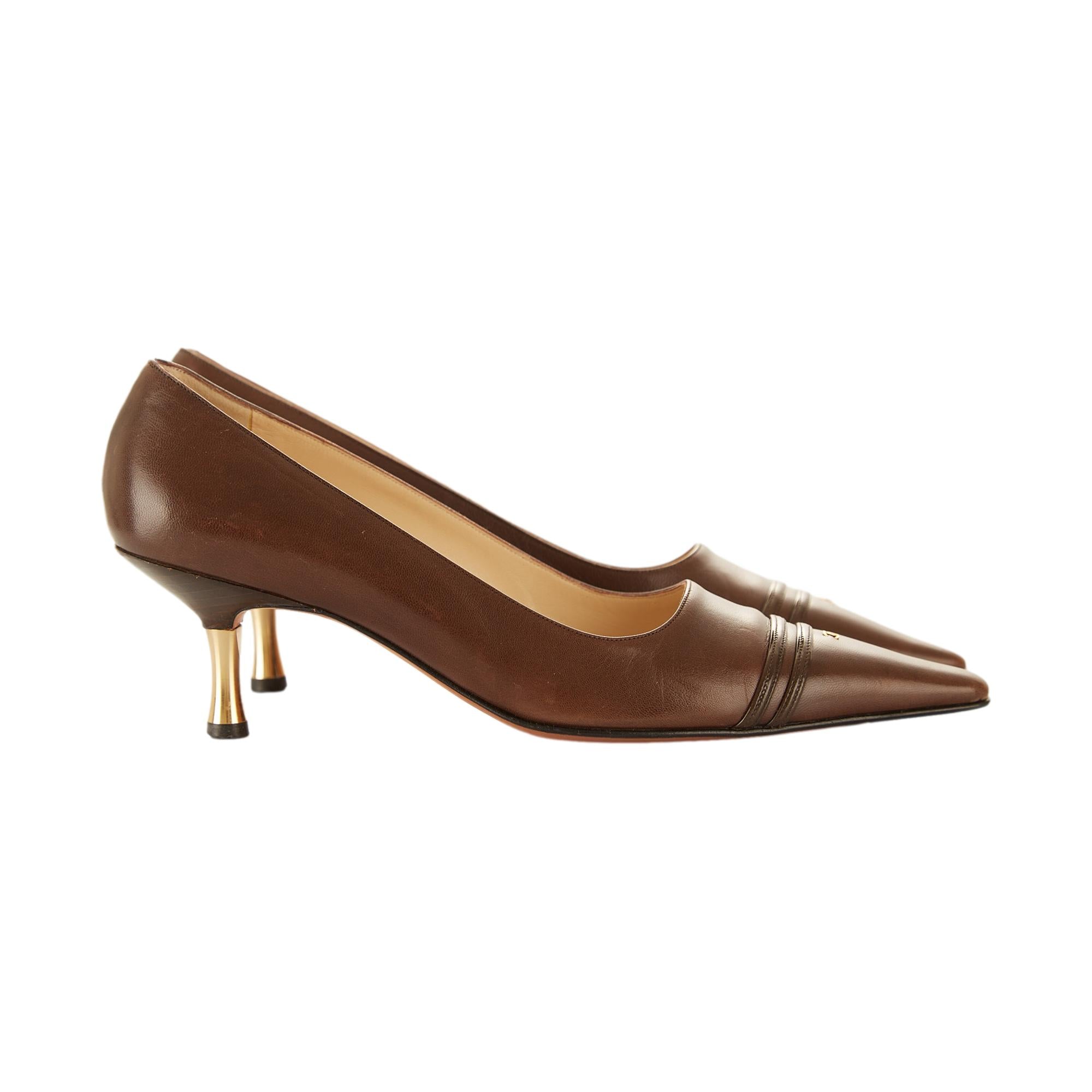 CHANEL ハイヒール　ブラウンパール Chanel Brown Leather Logo Heels – Treasures of NYC