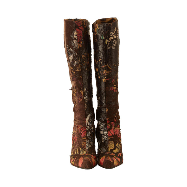 Roberto Cavalli Brown Distressed Floral Boots