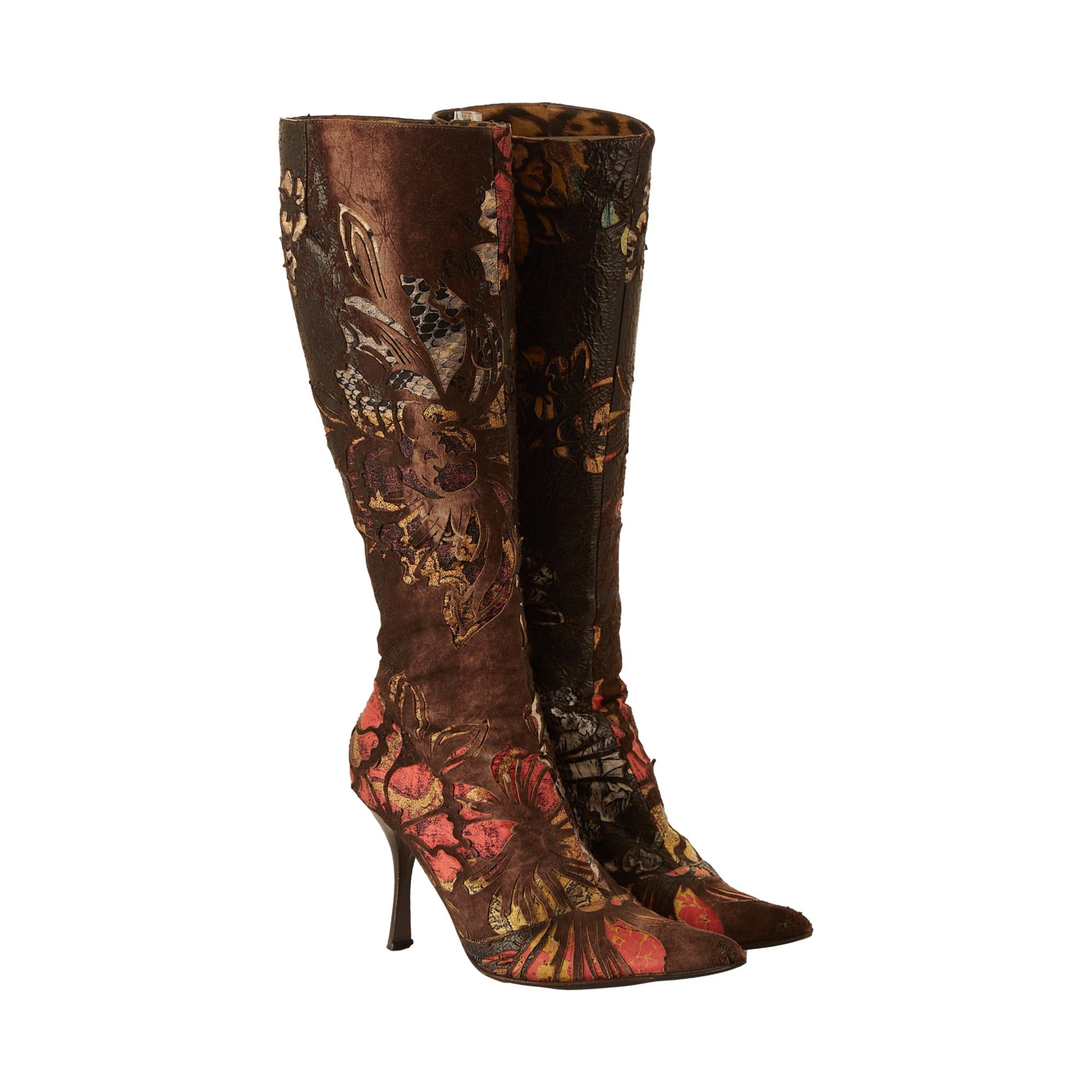 Roberto Cavalli Brown Distressed Floral Boots