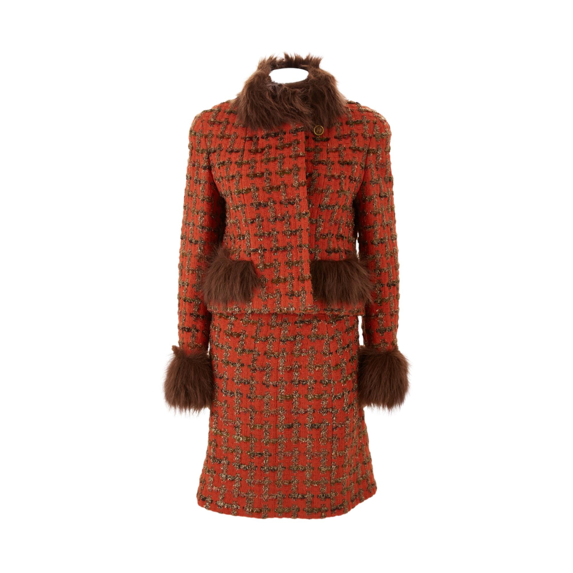 Chanel Orange Tweed Fur Skirt Set