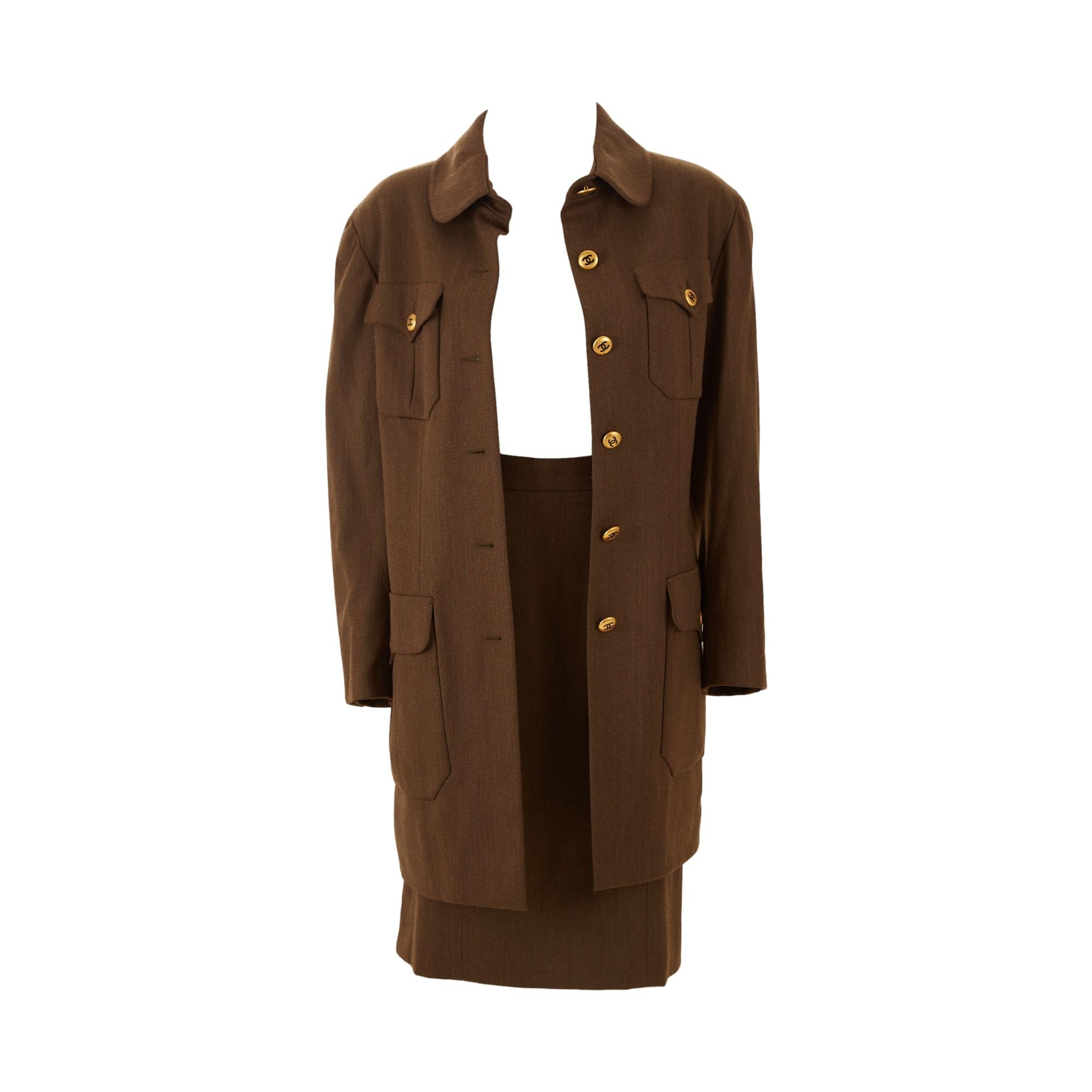Chanel Olive Logo Button Trench Skirt Set