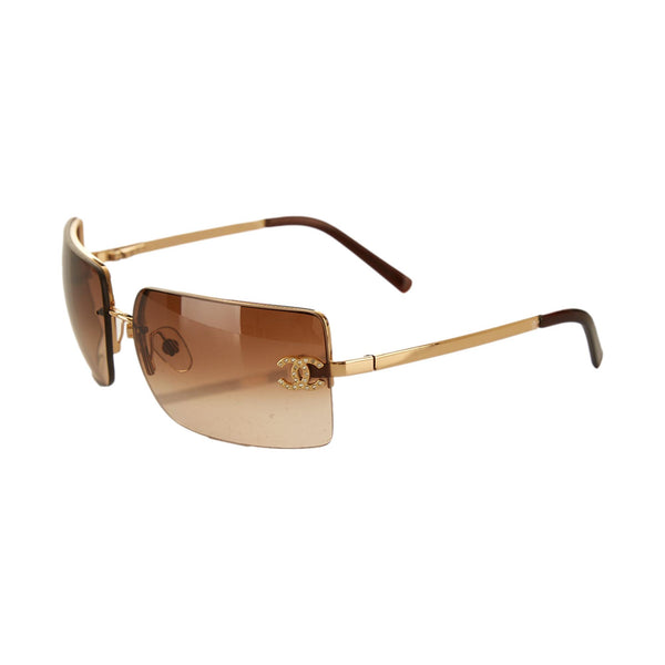 Chanel Brown Rhinestone Logo Rectangle Sunglasses